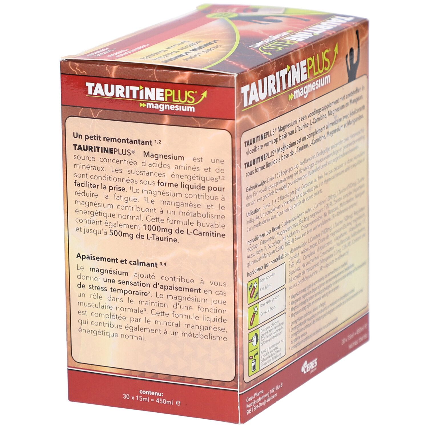 Côté de la boîte XL TAURITINE PLUS® Magnesium. Contient L-Taurine, L-Carnitine, Magnésium et Manganèse. 30x15ml.
