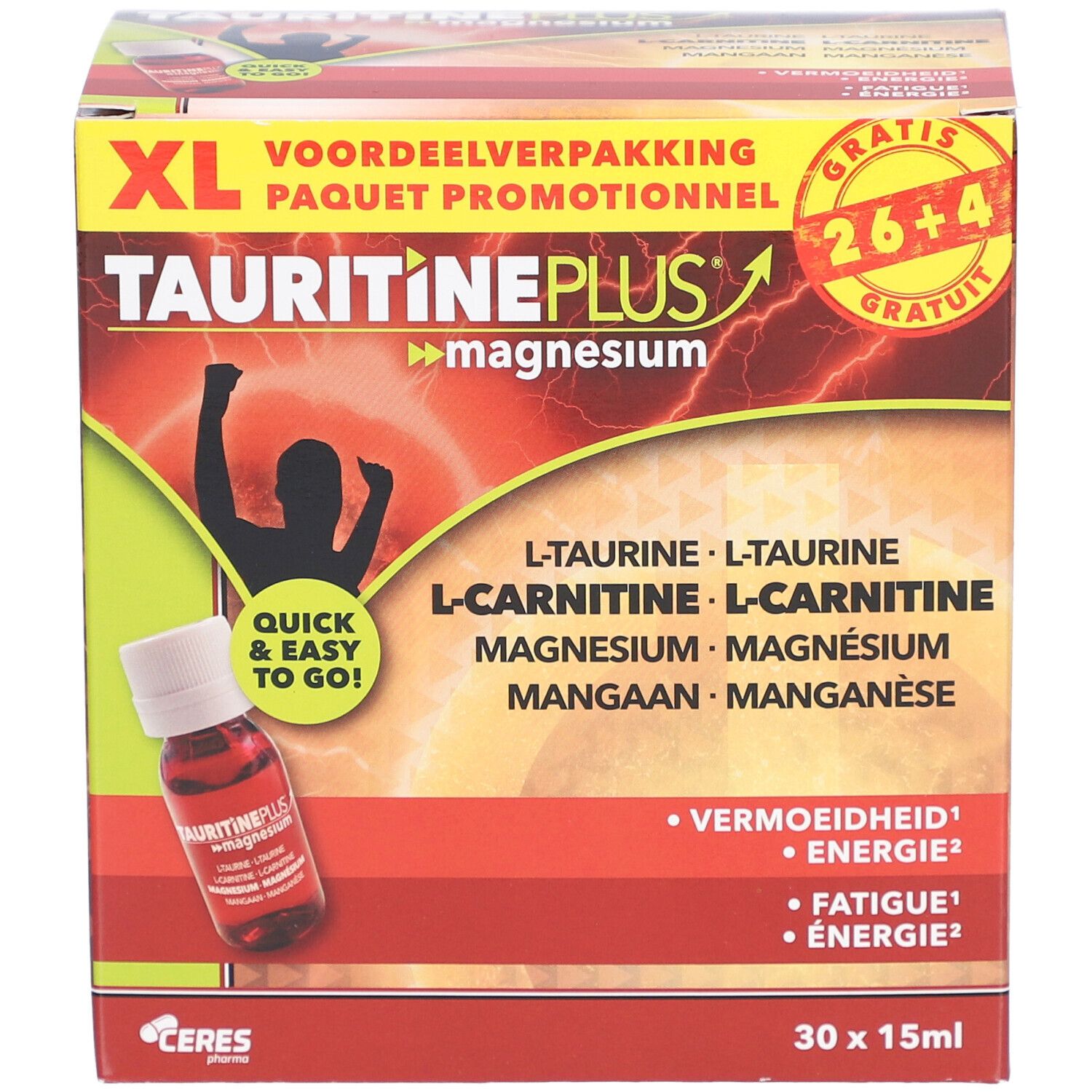 Boîte XL TAURITINE PLUS® Magnesium. Contient L-Taurine, L-Carnitine, Magnésium et Manganèse. 30 flacons de 15ml.
