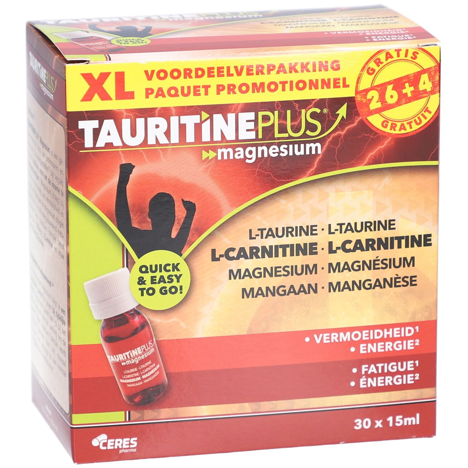 Boîte XL TAURITINE PLUS® Magnesium. Contient L-Taurine, L-Carnitine, Magnésium et Manganèse. 30 flacons de 15ml.