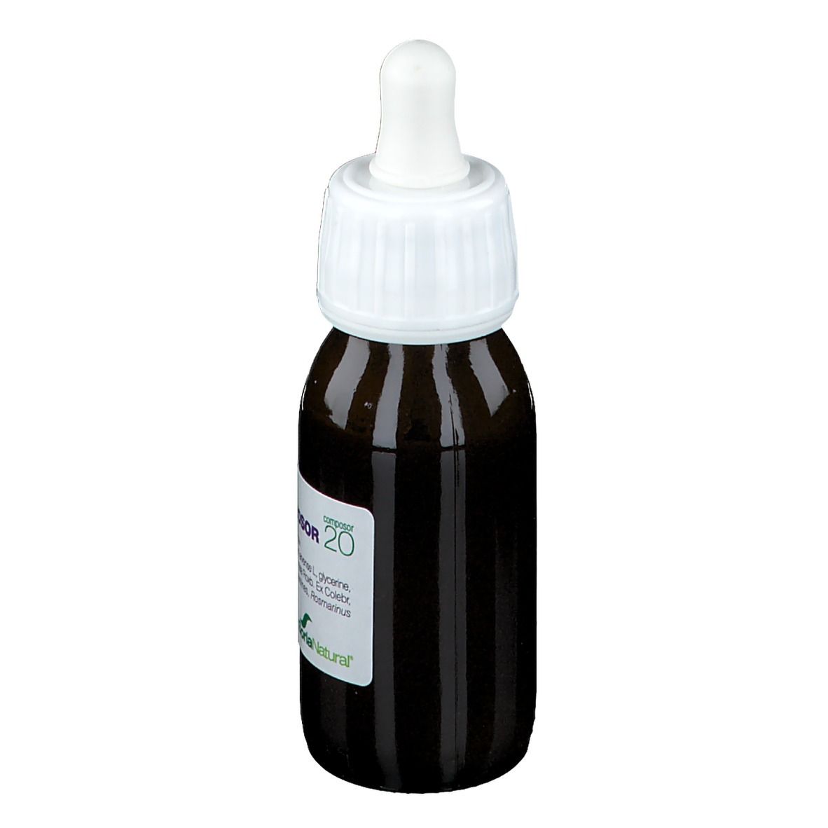 Bruine glazen fles met witte schroefdop en pipet. Etiket met productnaam en ingrediënten. 50 ml.