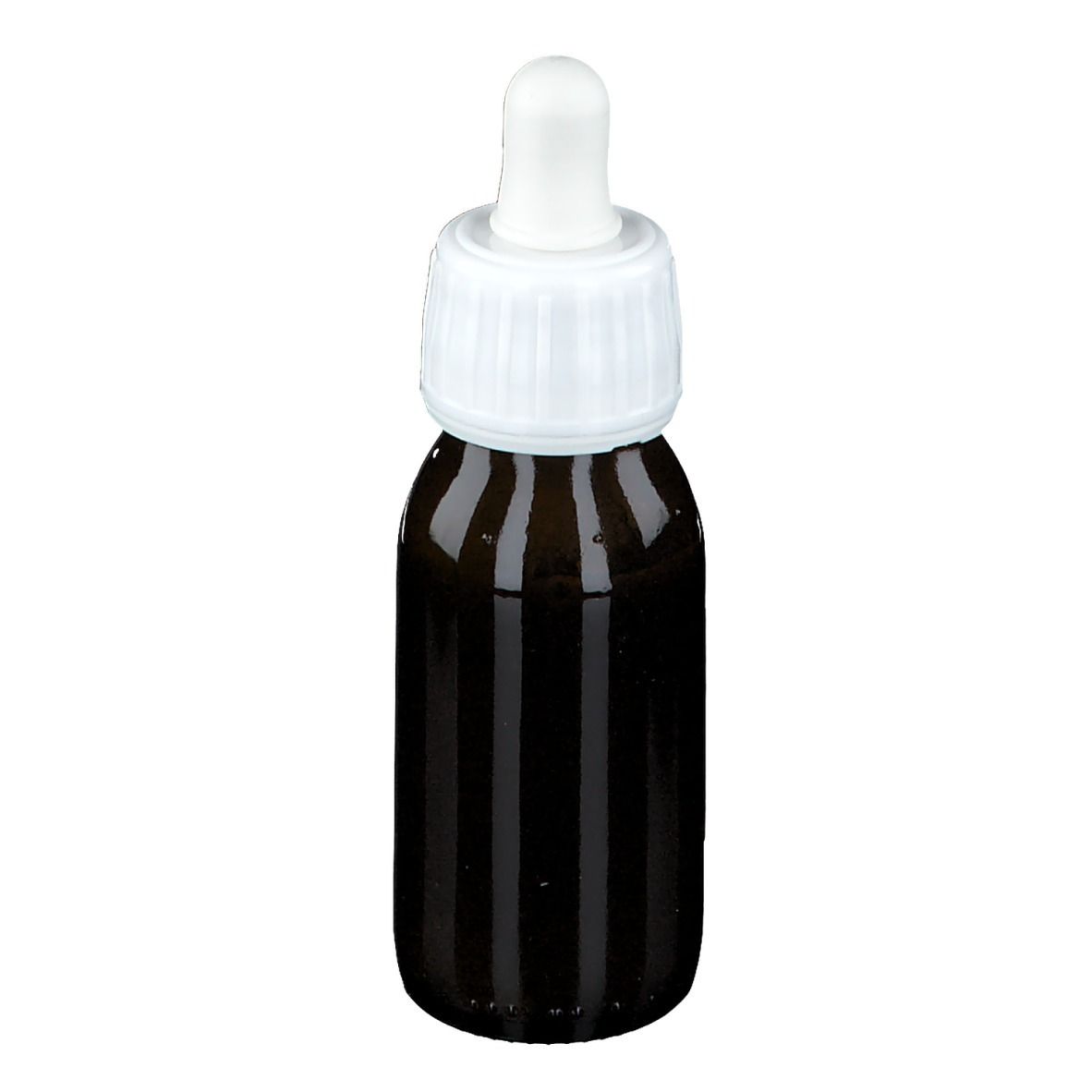 Bruine glazen fles met witte schroefdop en pipet. Etiket met productnaam en ingrediënten. 50 ml.