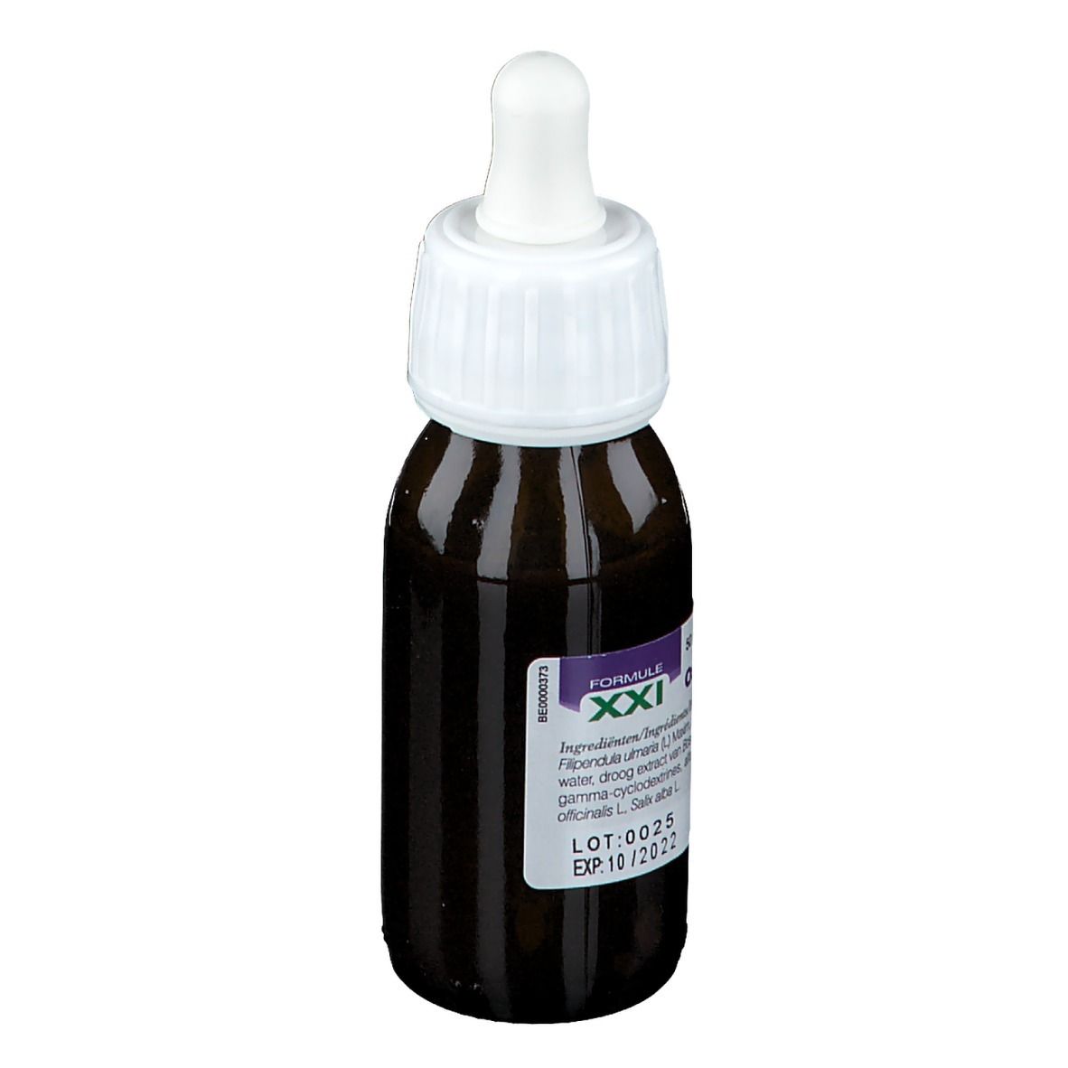 Bruine glazen fles met witte schroefdop en pipet. Etiket met productnaam en ingrediënten. 50 ml.