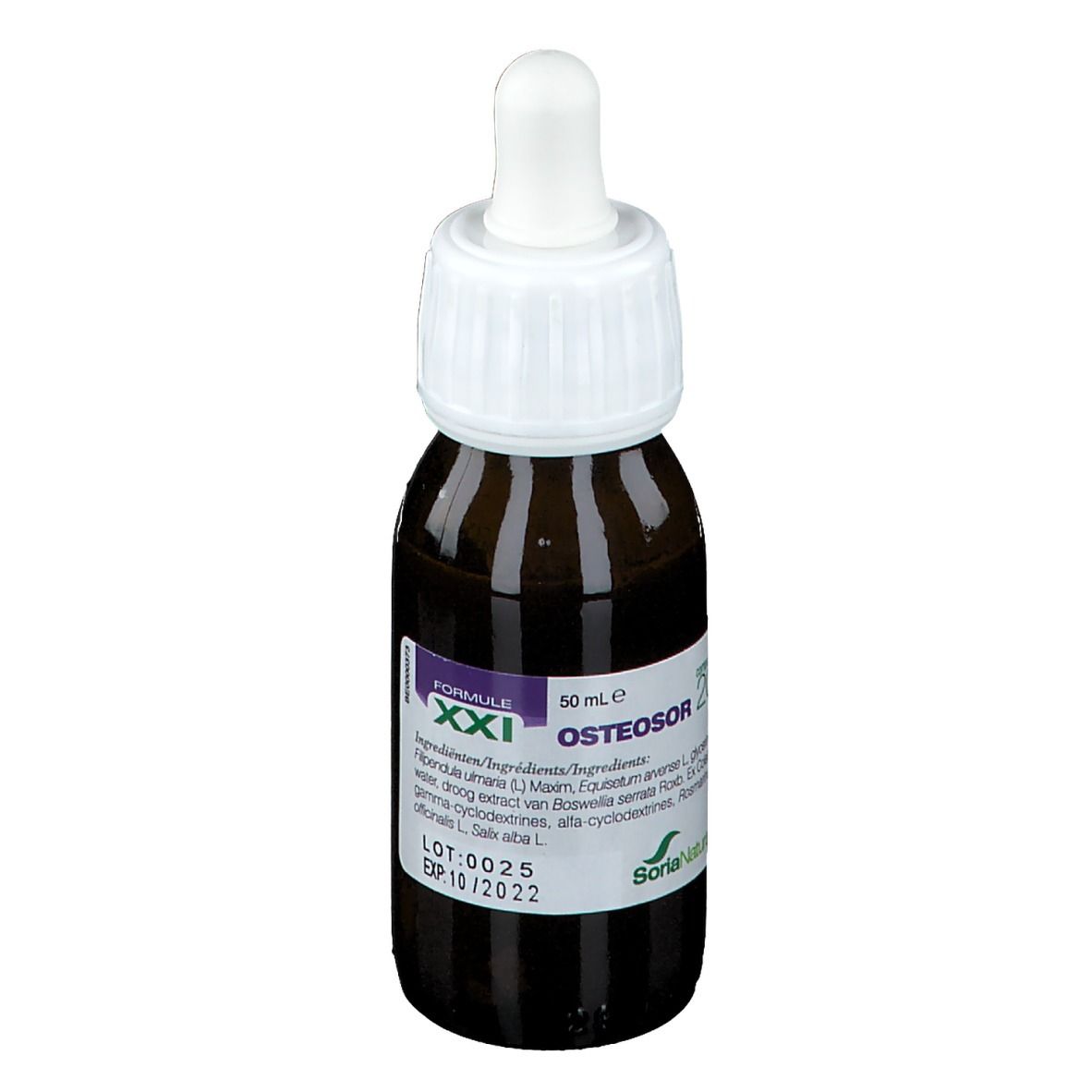 Bruine glazen fles met witte schroefdop en pipet. Etiket met productnaam en ingrediënten. 50 ml.