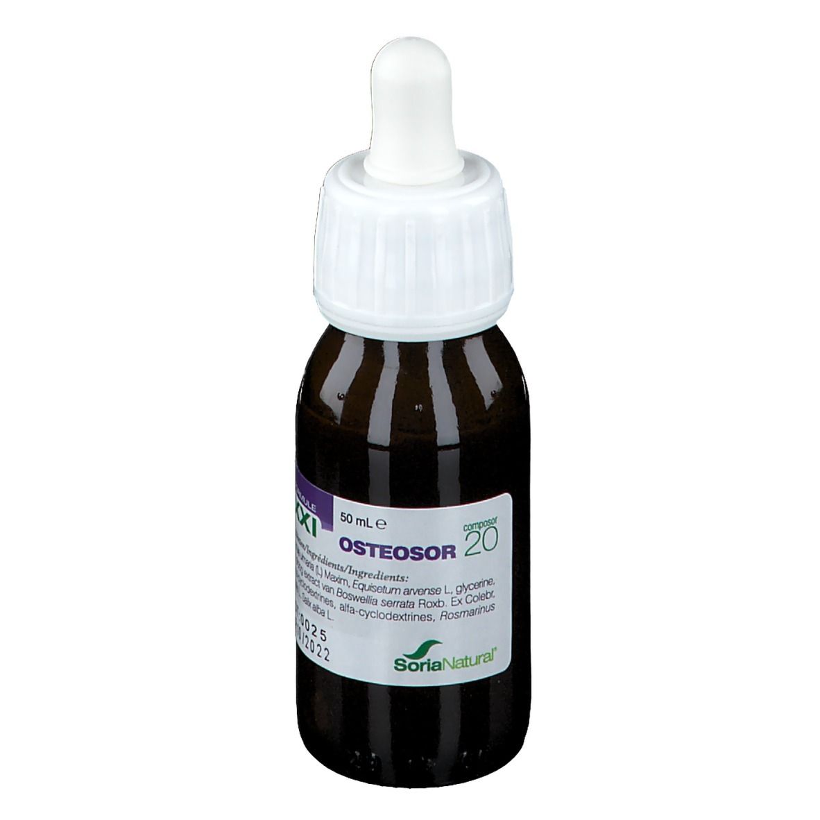 Bruine glazen fles met witte schroefdop en pipet. Etiket met productnaam en ingrediënten. 50 ml.