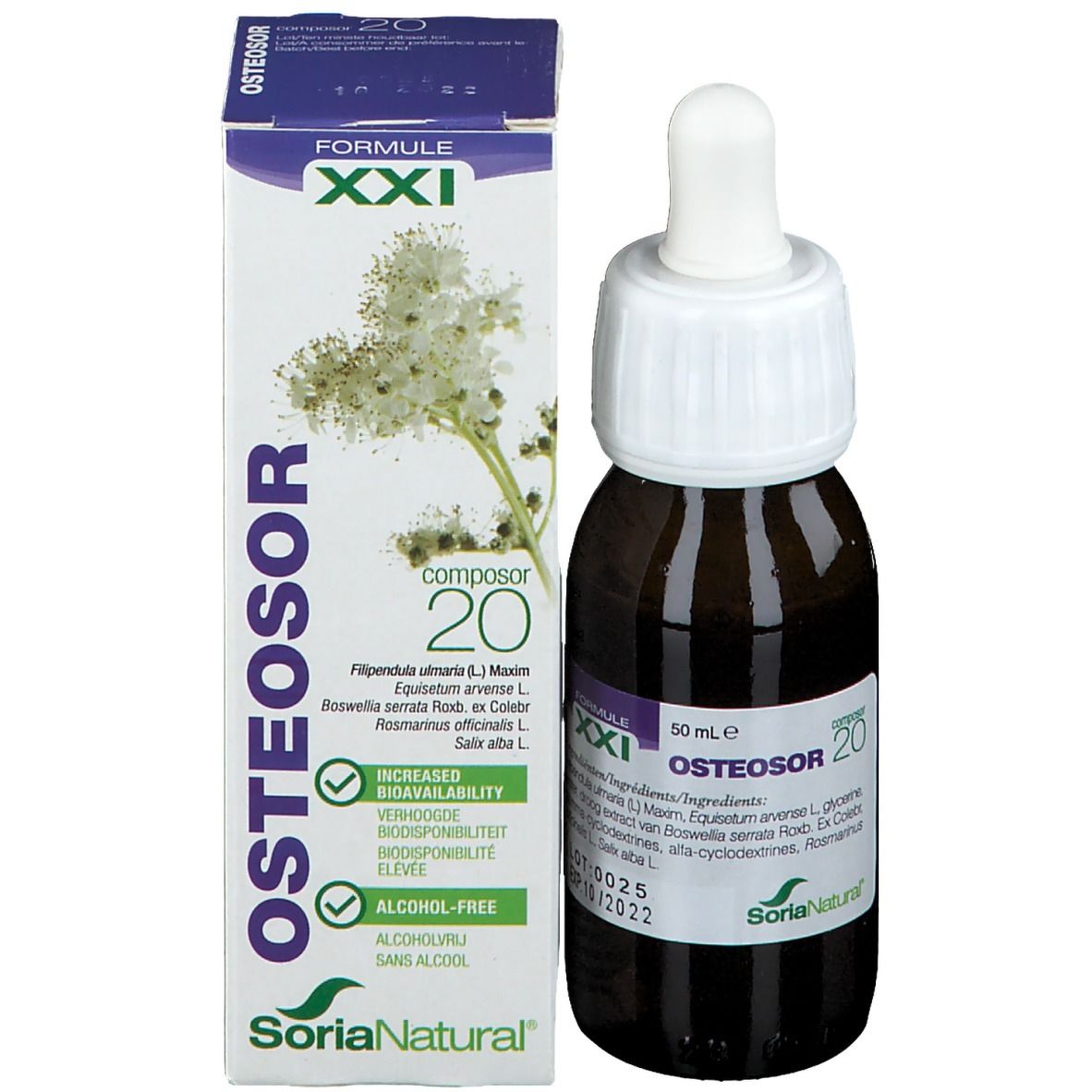 Productfles en verpakking. Fles met pipet, verpakking met productnaam en bloemmotief. Alcoholvrij.