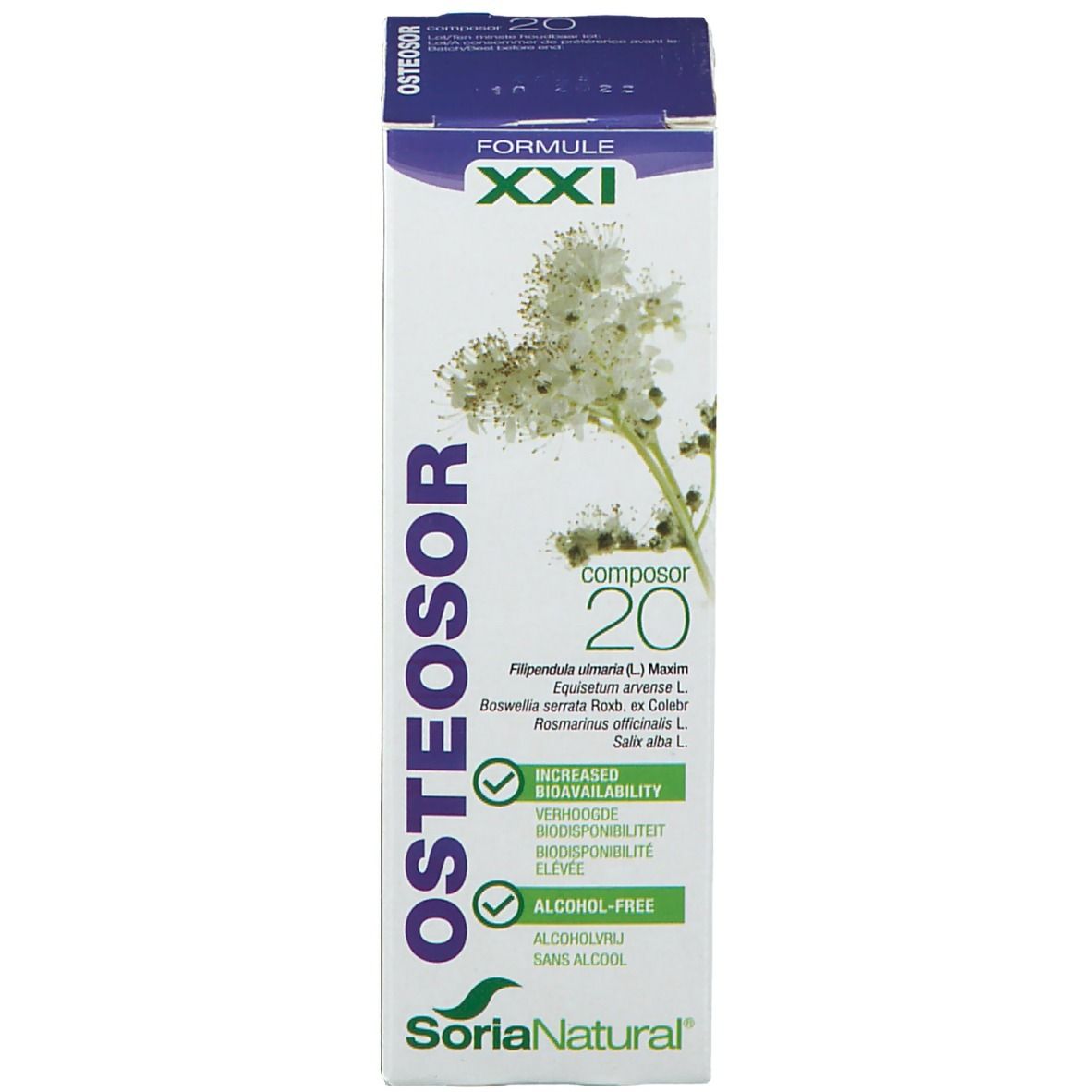 Verpakking met productnaam, bloemmotief en tekst. Alcoholvrij. Soria Natural logo.