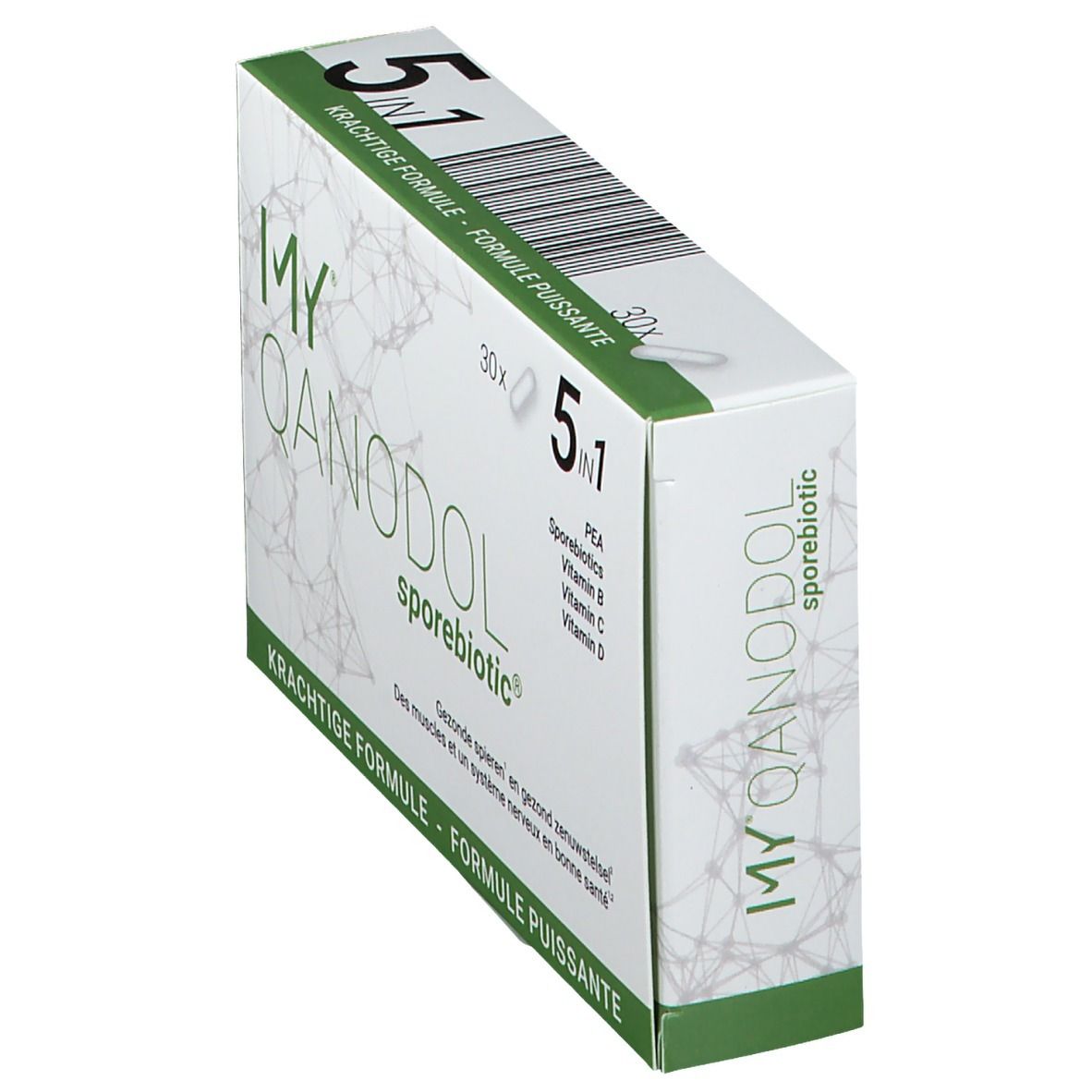 Schuinstaande doos "MY QANODOL sporebiotic". 5-in-1 formule. 30 capsules. Groen-wit design. Tekst in het Duits, Frans en Nederlands.