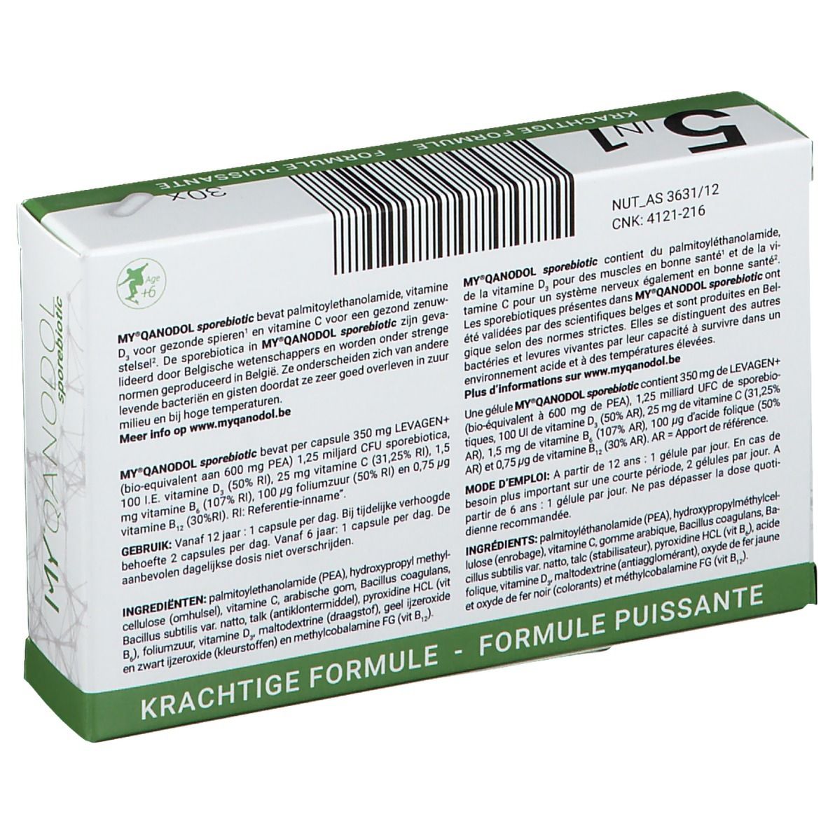 Achterkant van de doos "MY QANODOL sporebiotic". Bevat ingrediënten, dosering en informatie. Tekst in het Duits, Frans en Nederlands.