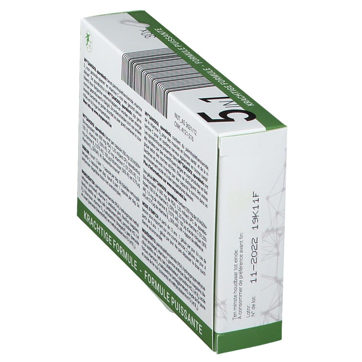 Schuinstaande achterkant van de doos "MY QANODOL sporebiotic". Tekst en barcode. Houdbaarheidsdatum: 11-2022.