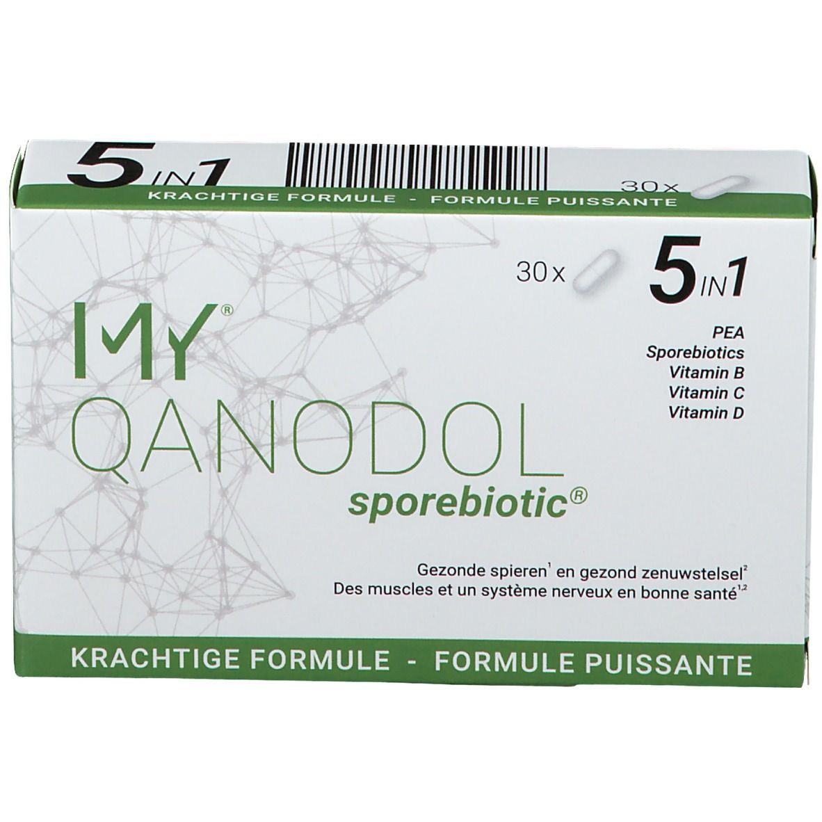 Doos "MY QANODOL sporebiotic". 5-in-1 formule. 30 capsules. Groen-wit design. Tekst in het Duits, Frans en Nederlands.