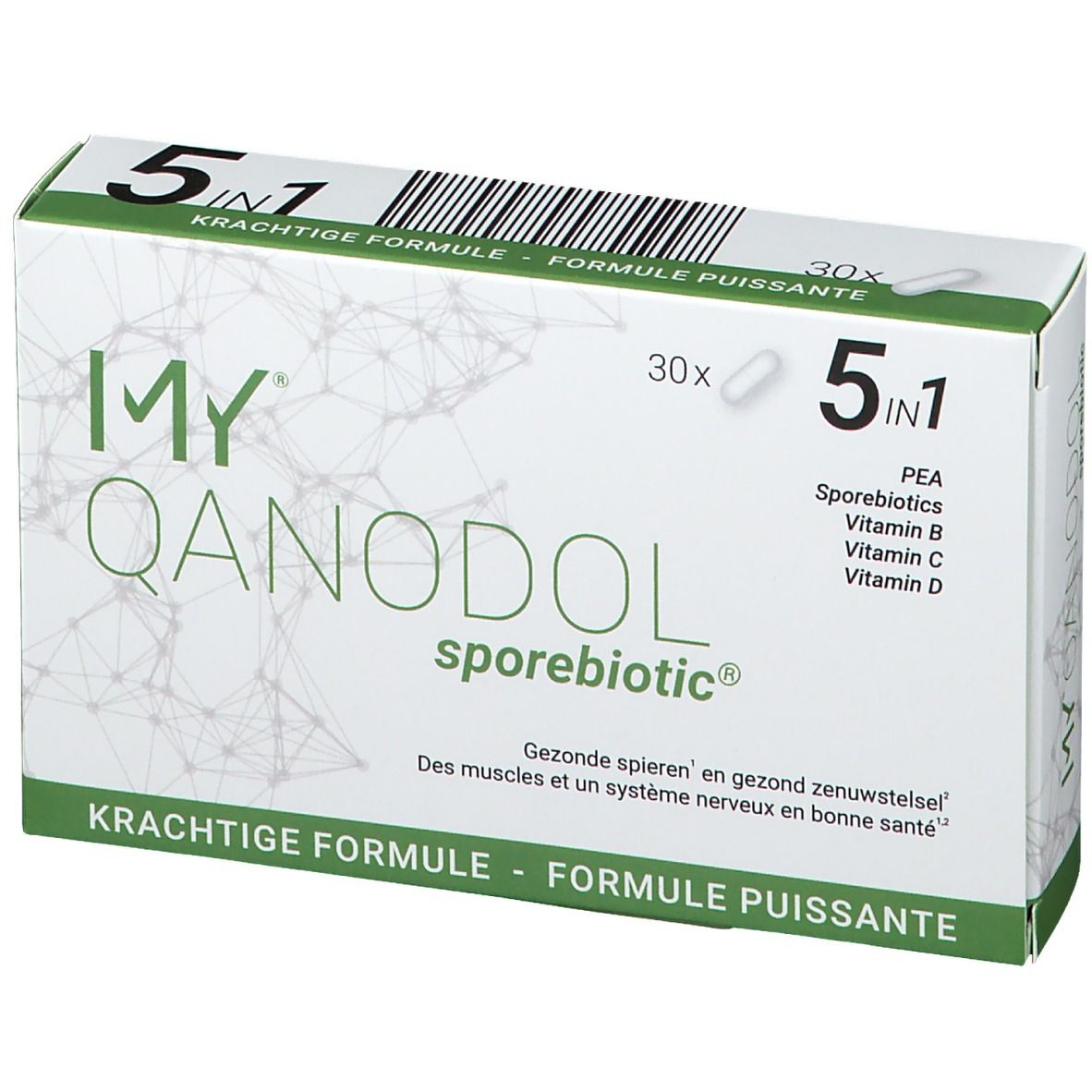 Doos "MY QANODOL sporebiotic". 5-in-1 formule. 30 capsules. Groen-wit design. Tekst in het Duits, Frans en Nederlands.