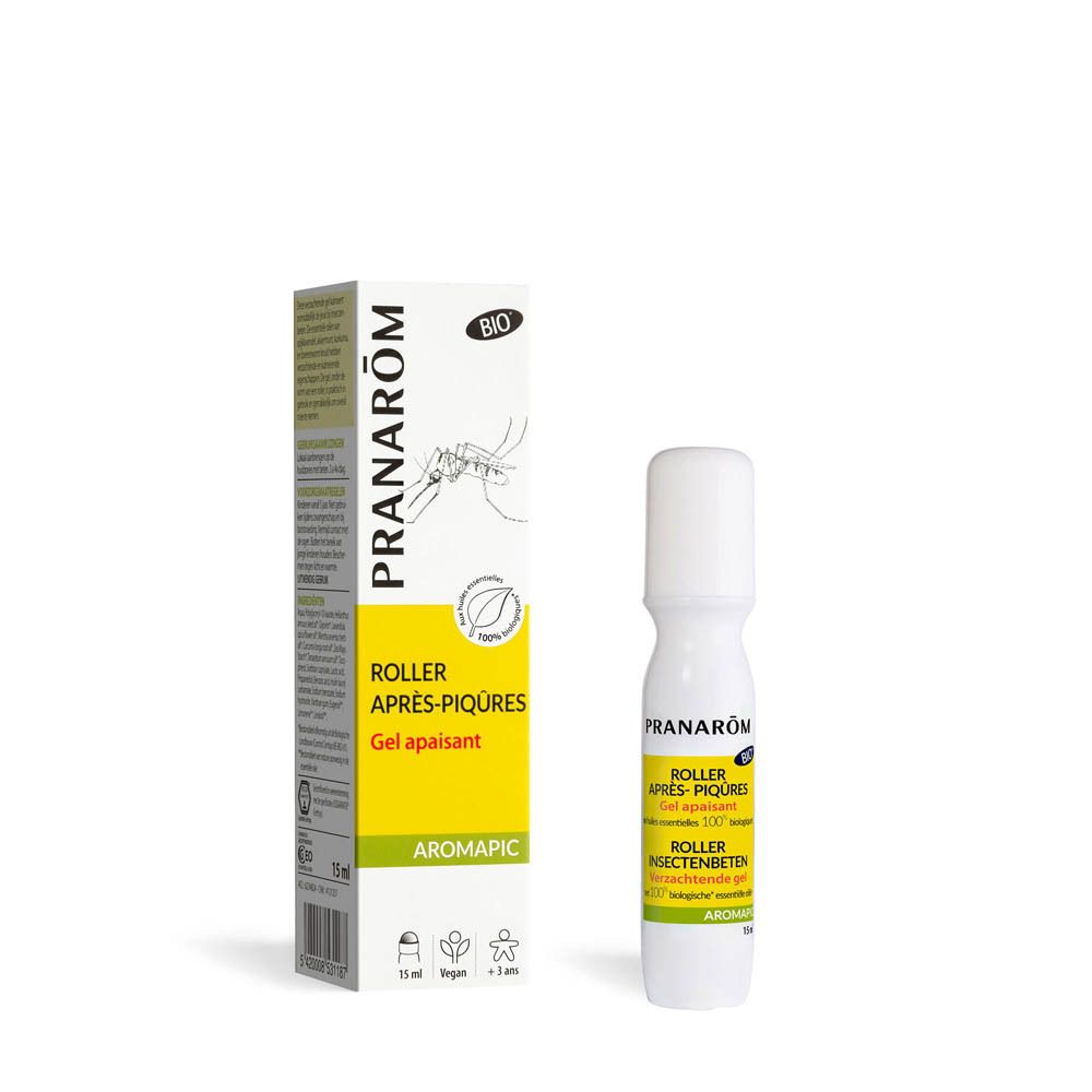 Emballage du produit avec roll-on et boîte. Inscription: PRANARÔM, ROLLER APRES-PIQURES, Gel apaisant. Certification bio.