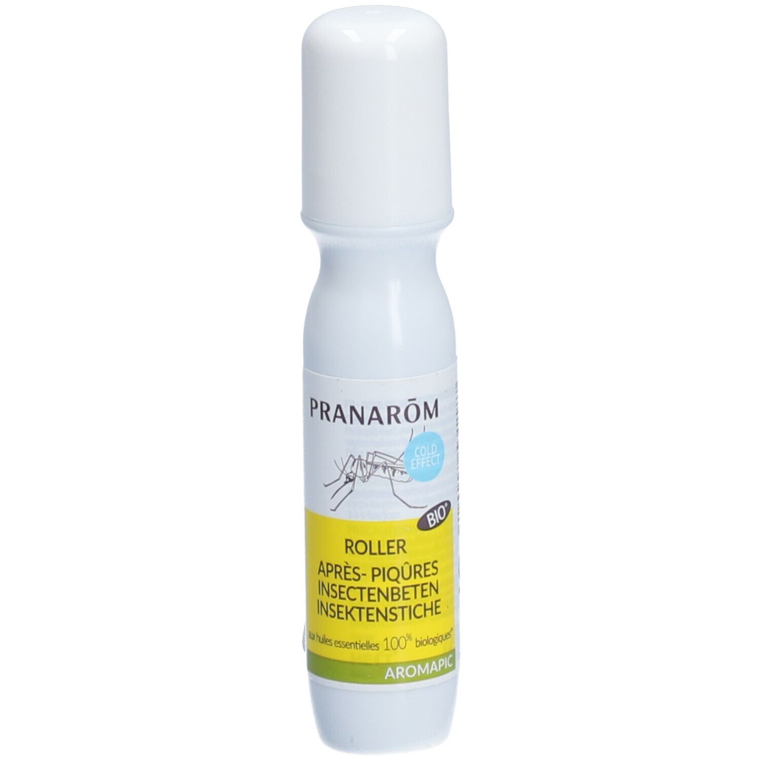 Roll-on blanc avec bouchon. Inscription: PRANARÔM, ROLLER APRES-PIQURES, INSECTENBETEN, INSEKTENSTICHEN. Certification bio.
