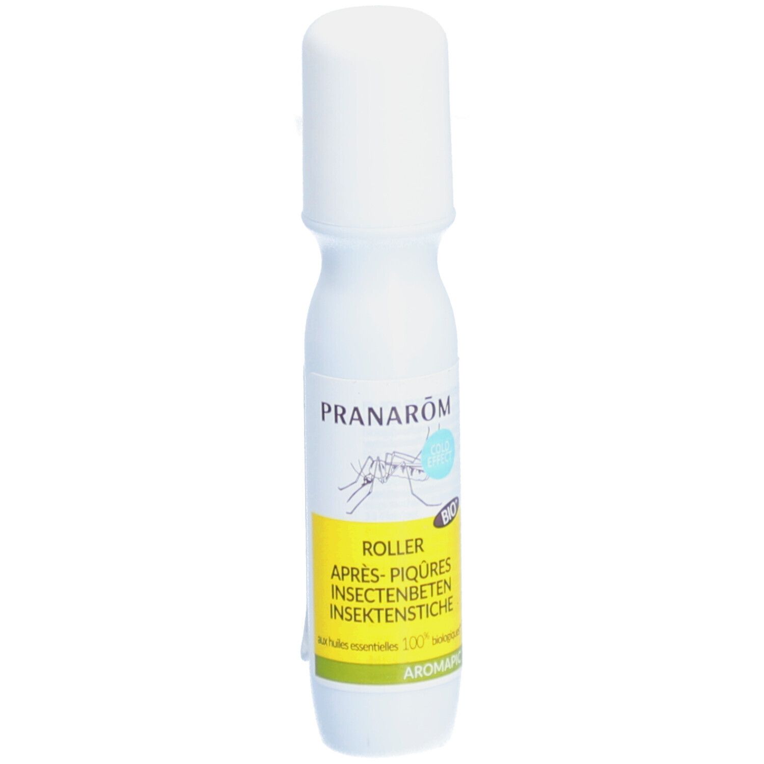Roll-on blanc avec bouchon. Inscription: PRANARÔM, ROLLER APRES-PIQURES, INSECTENBETEN, INSEKTENSTICHEN. Certification bio.