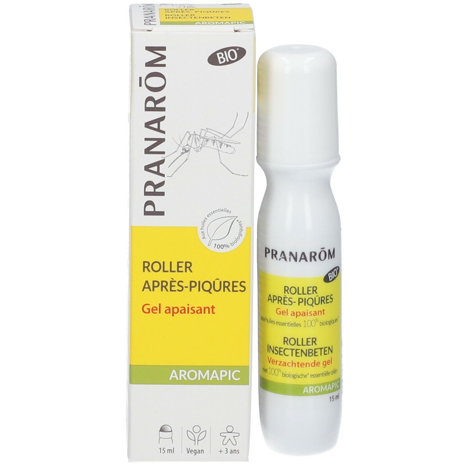 Emballage du produit avec roll-on et boîte. Inscription: PRANARÔM, ROLLER APRES-PIQURES, Gel apaisant. Certification bio.