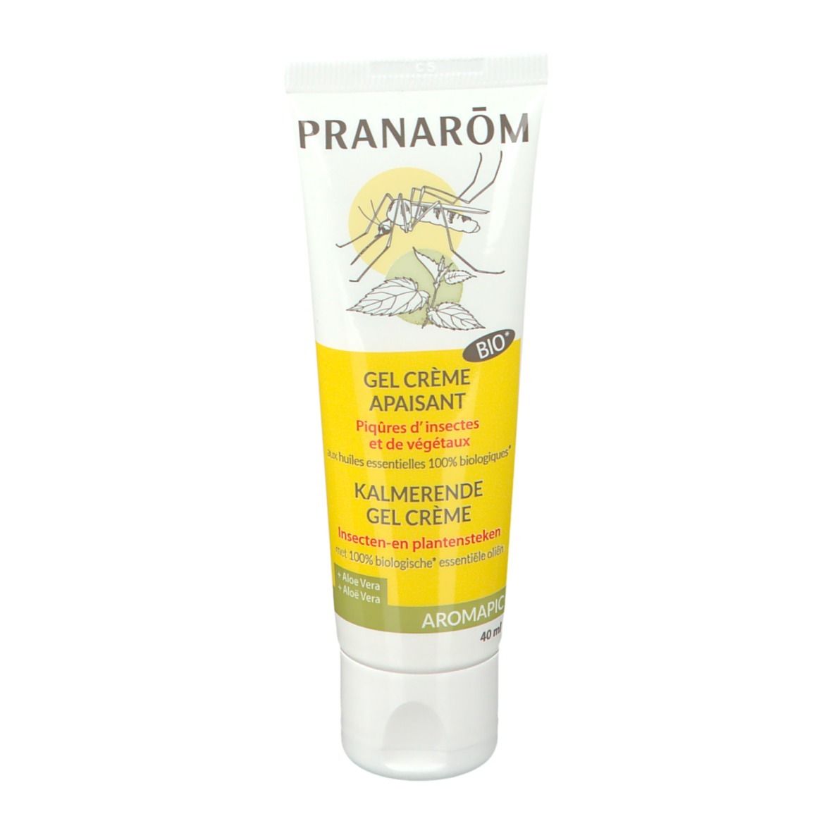 Tube blanc avec bouchon. Inscriptions: PRANARÔM, GEL CRÈME APAISANT, Kalmerende Gel Crème. Avec label Bio et Aromapic.