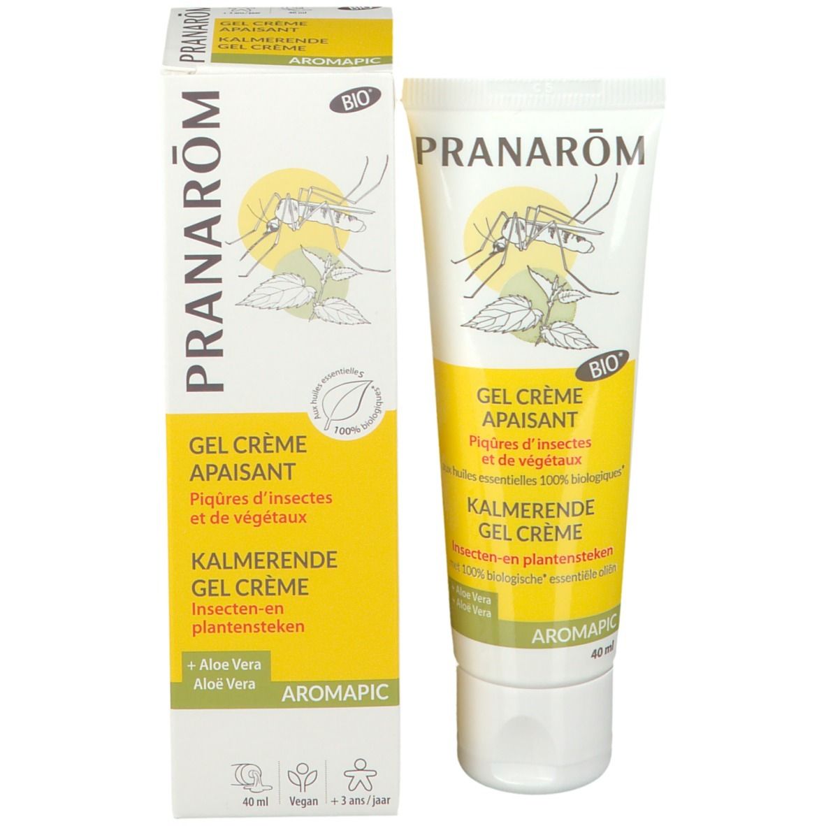 Emballage et tube. Emballage: jaune-blanc, avec nom et logo du produit. Tube: blanc, avec nom et logo du produit.