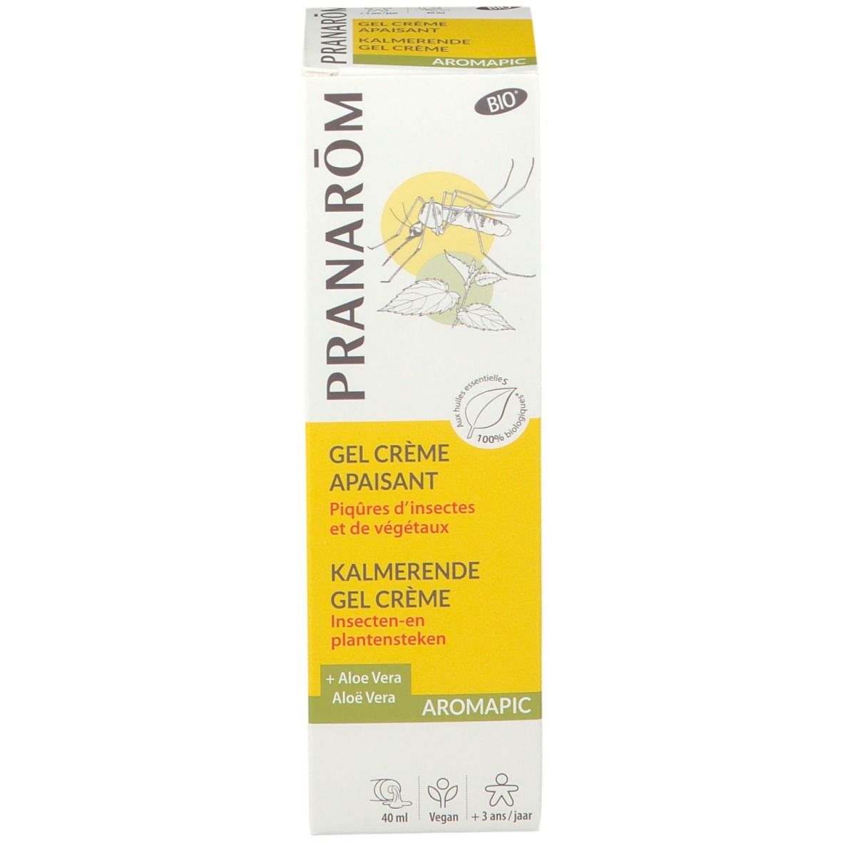 Emballage du produit. Jaune-blanc, avec nom du produit, logo et label Bio. Contient des informations sur le produit.