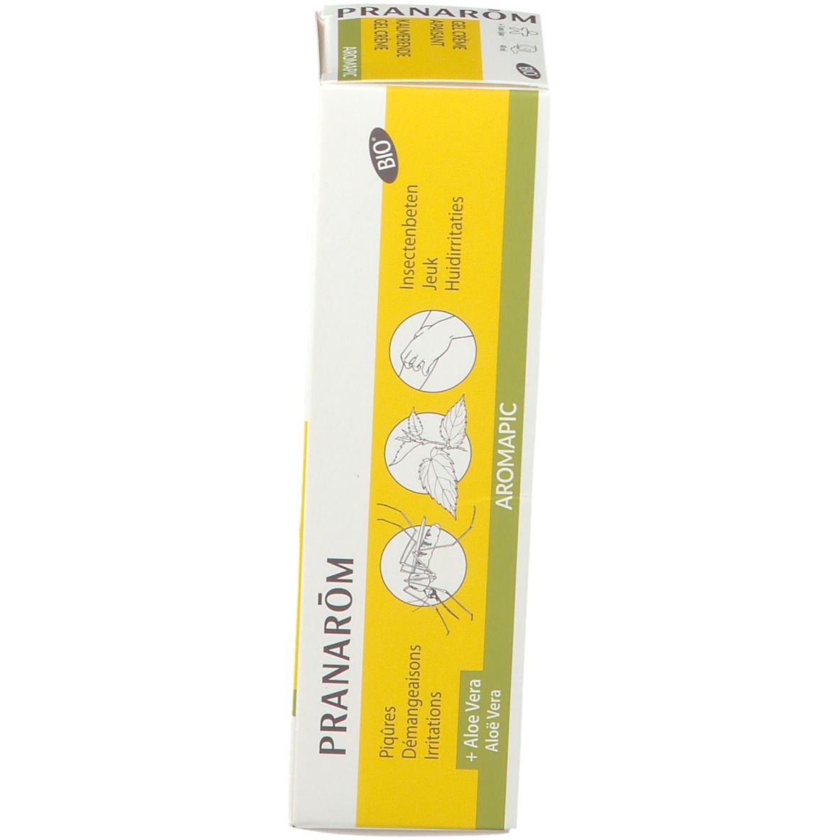 Emballage du produit. Jaune-blanc, avec nom du produit, logo et illustrations. Contient des informations sur le produit.