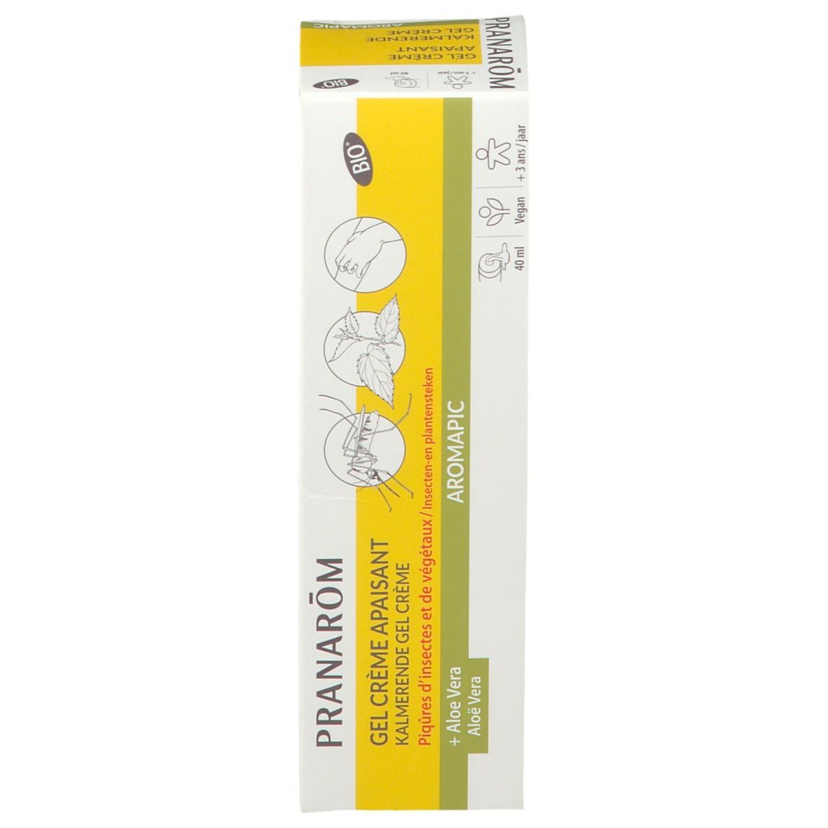 Emballage du produit. Jaune-blanc, avec nom du produit, logo et illustrations. Contient des informations sur le produit.