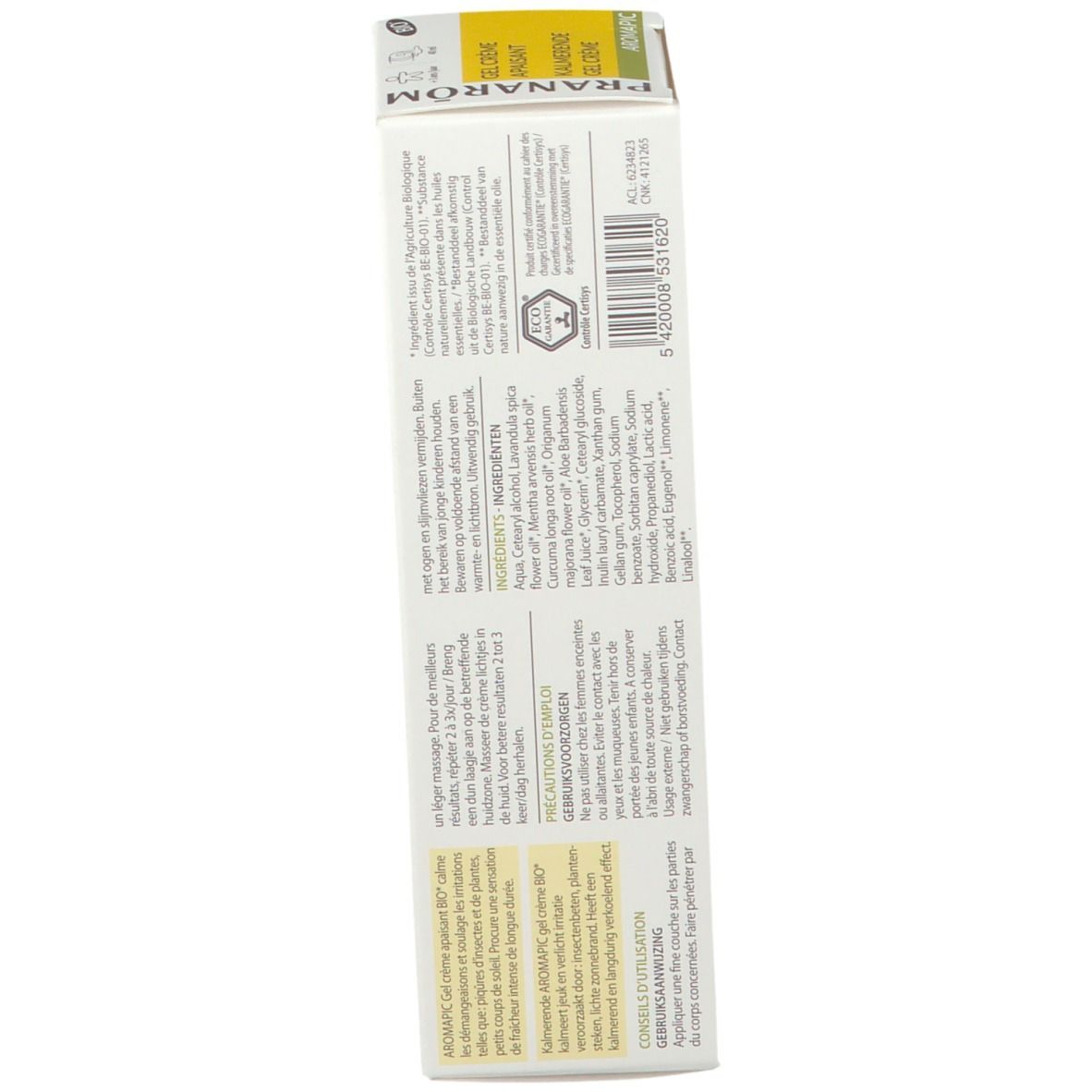 Dos de l'emballage du produit. Texte multilingue. Contient des informations sur les ingrédients et l'utilisation.