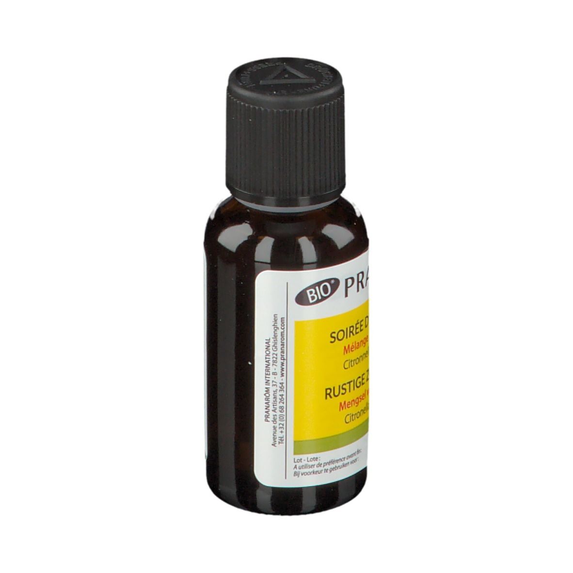 Flacon en verre brun avec bouchon noir. Étiquette jaune avec texte. Marque Bio Pranarôm.