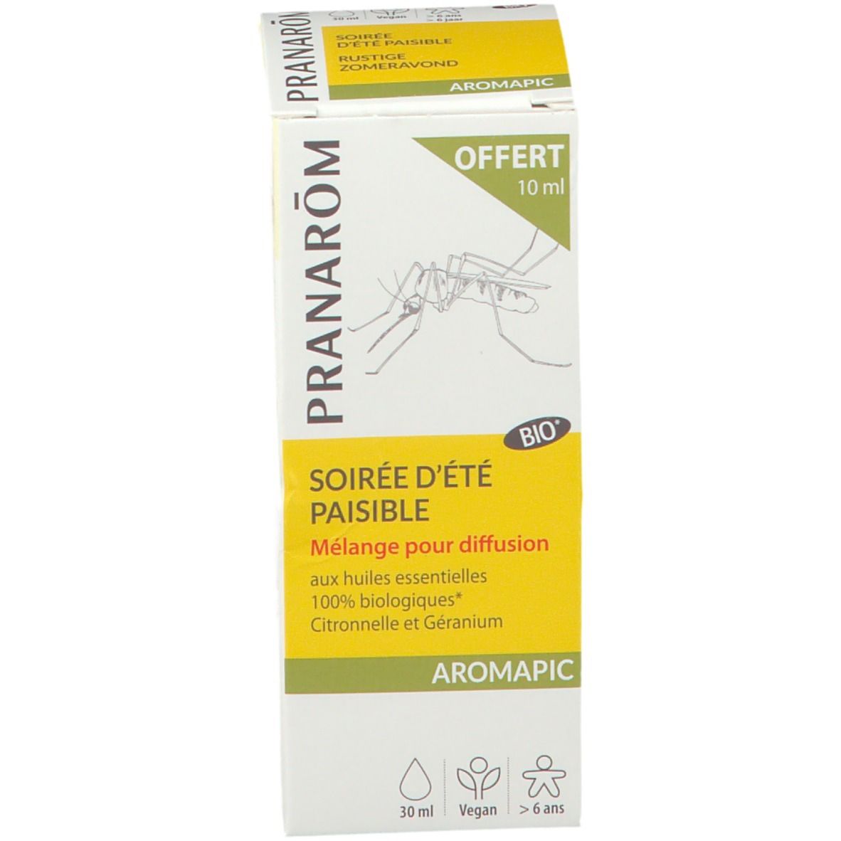Boîte blanche avec accents jaunes et verts. Marque Pranarôm. Texte et illustrations. Produit pour diffusion.