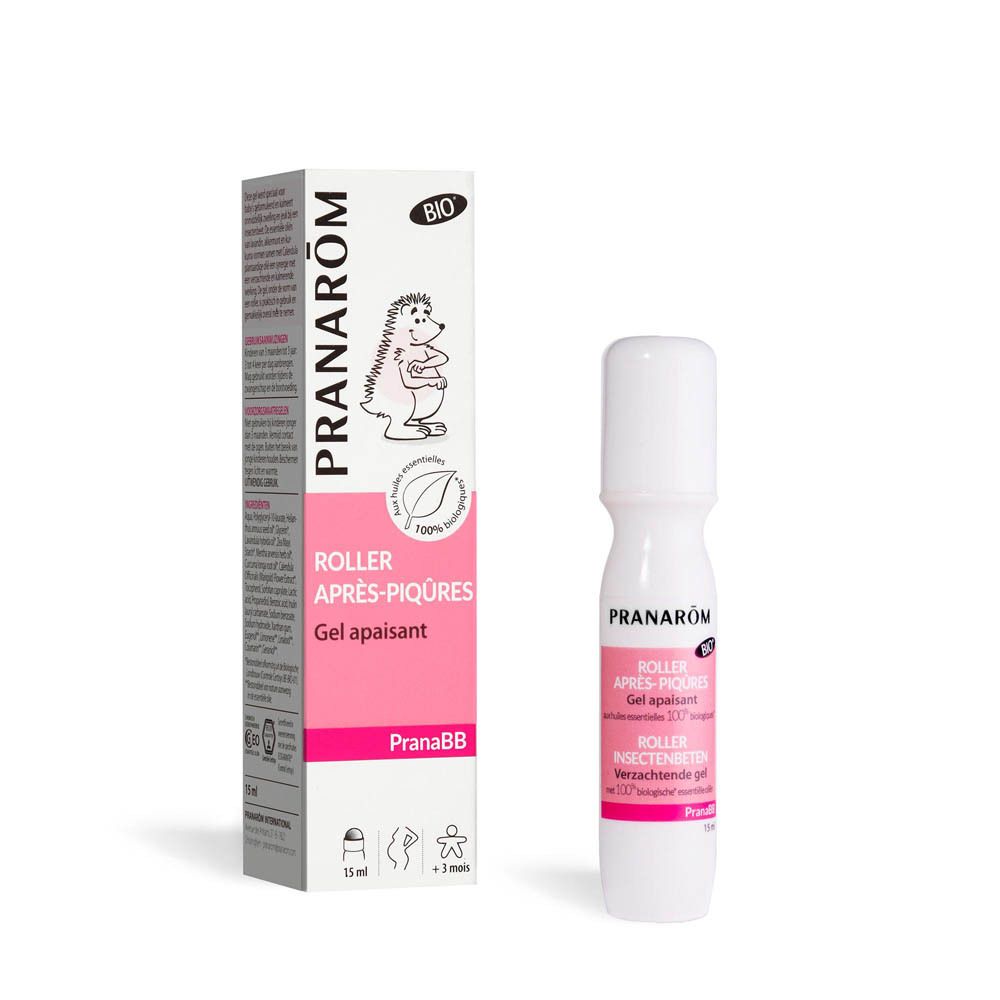 Emballage du produit et roll-on. Marque : Pranarôm. Inscription : Roller Après-piqûres. Gel apaisant. Certification Bio. 15 ml. Vegan, +3 mois.