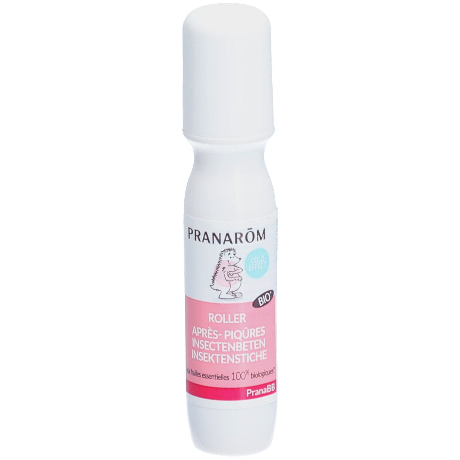 Roll-on blanc avec bouchon. Étiquette rose avec texte et logo. Marque : Pranarôm. Inscription : Roller Après-piqûres insectenbeten. Certification Bio.