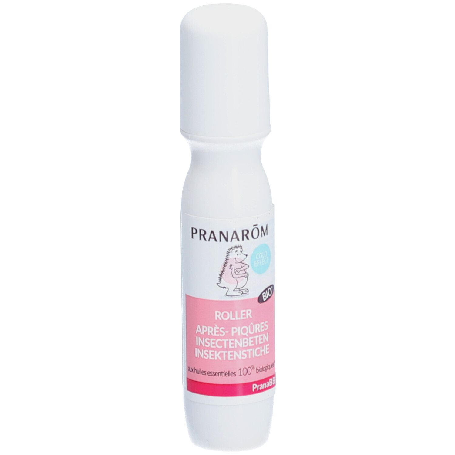 Roll-on blanc avec bouchon. Étiquette rose avec texte et logo. Marque : Pranarôm. Inscription : Roller Après-piqûres insectenbeten. Certification Bio.