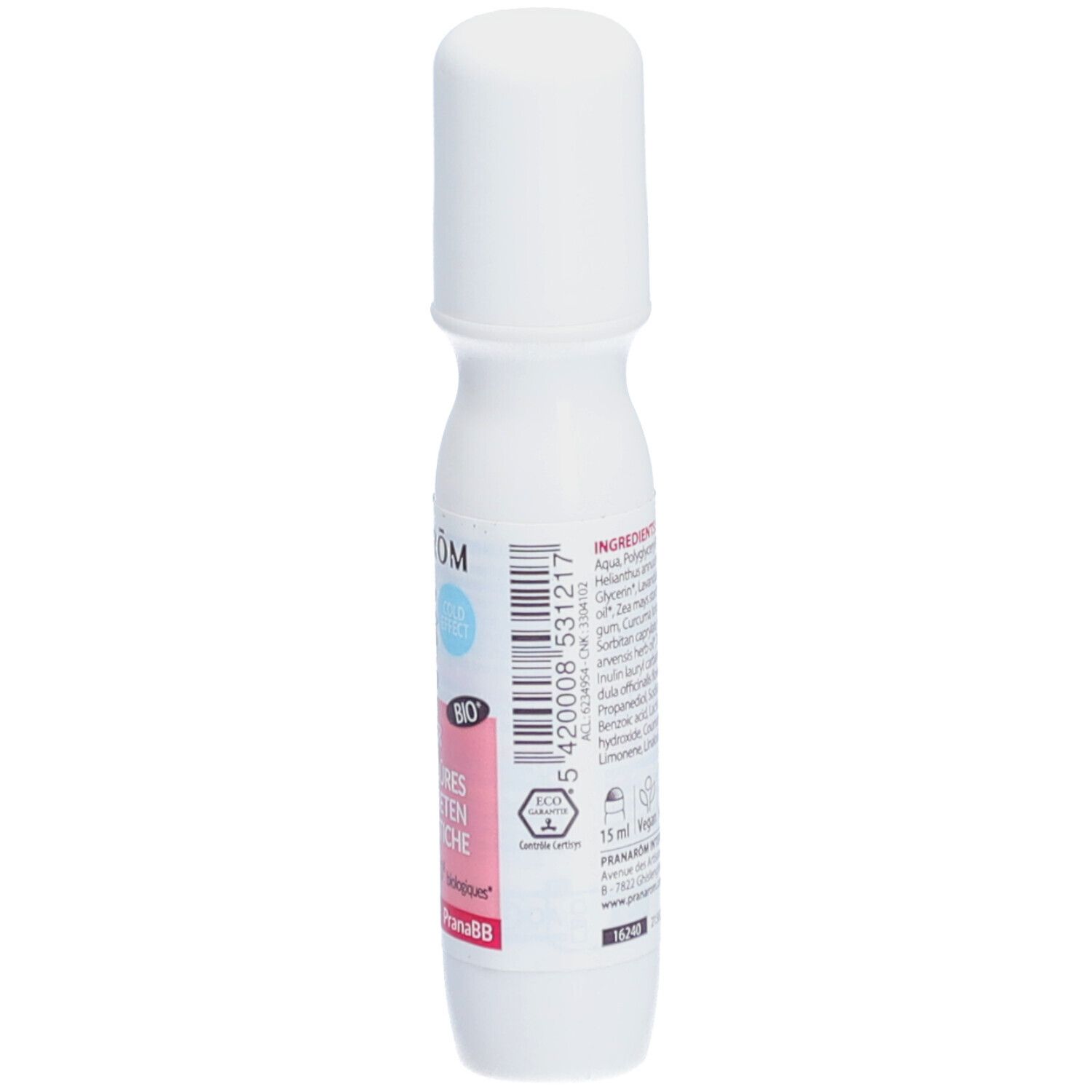Roll-on blanc avec bouchon. Dos avec texte et logo. Marque : Pranarôm. Inscription : Roller Après-piqûres insectenbeten. Certification Bio. 15ml.