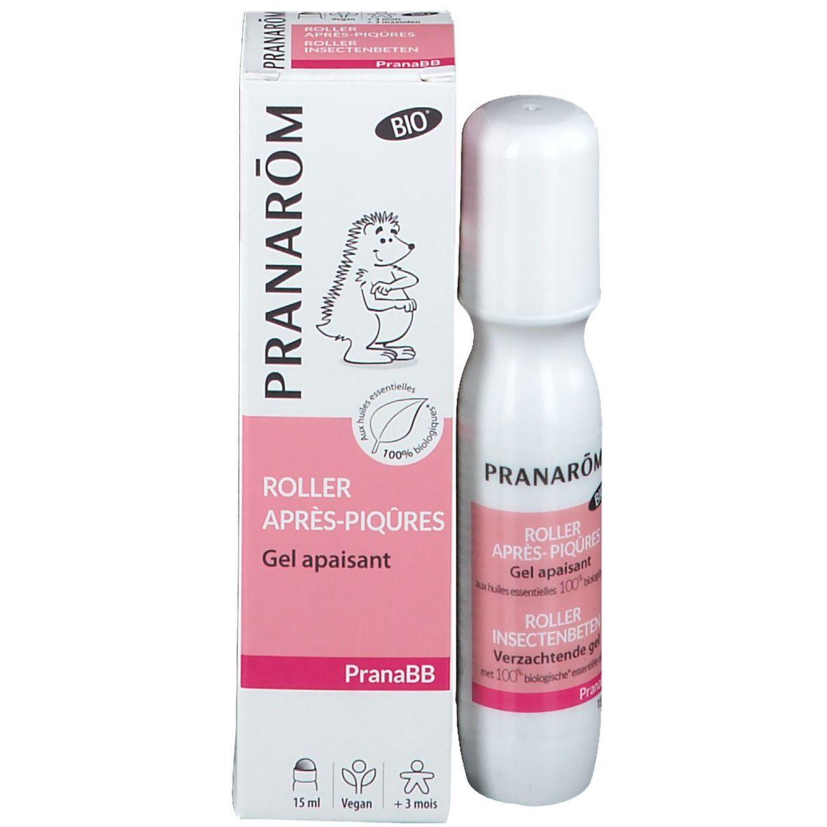 Emballage du produit avec roll-on. Marque : Pranarôm. Inscription : Roller Après-piqûres. Gel apaisant. Certification Bio. 15 ml. Vegan, +3 mois.