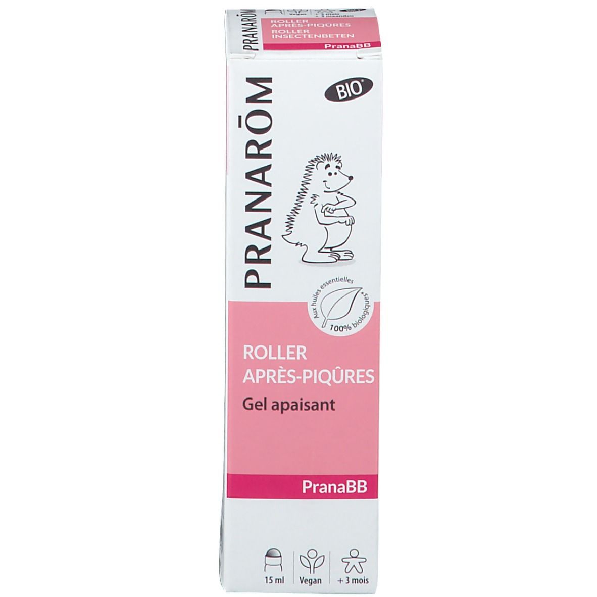 Emballage du produit. Marque : Pranarôm. Inscription : Roller Après-piqûres. Gel apaisant. Certification Bio. 15 ml. Vegan, +3 mois.