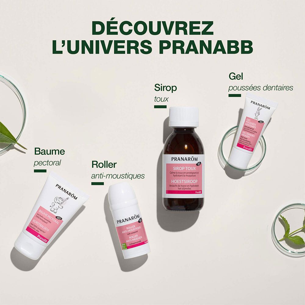 Verschiedene Pranarôm-Produkte: Balsam, Roller, Hustensirup, Zahngel. Alle mit rosa Etiketten.