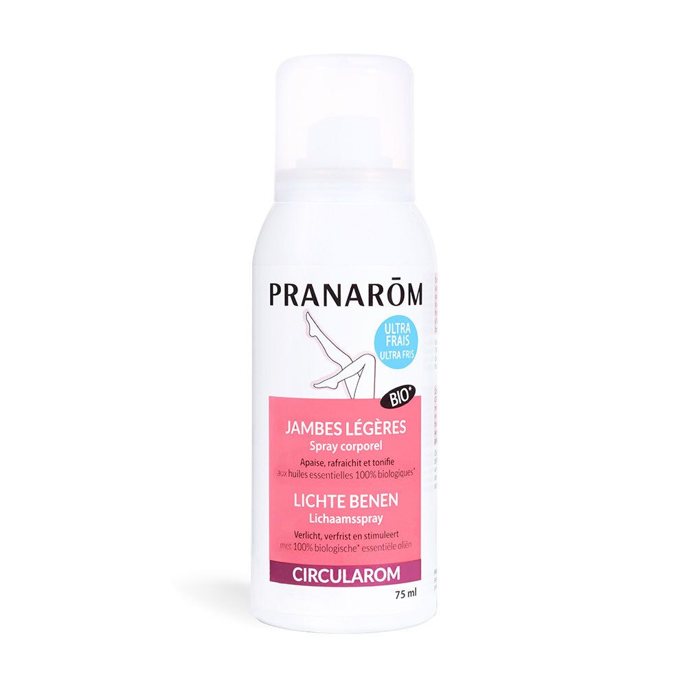 Flacon spray blanc avec texte. Pranarôm, Jambes Légères, Lichte Benen, Circularom. Certification Bio. Ultra frais.