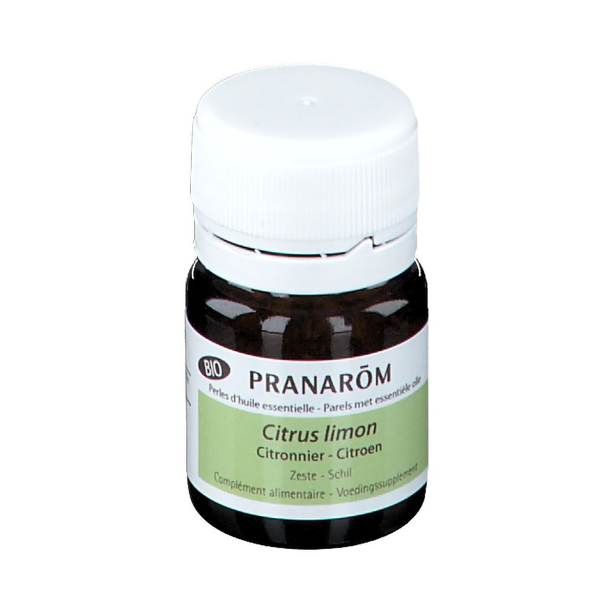 Flacon en verre brun avec bouchon blanc. Étiquette avec texte: PRANARÔM, Citrus limon, label BIO.