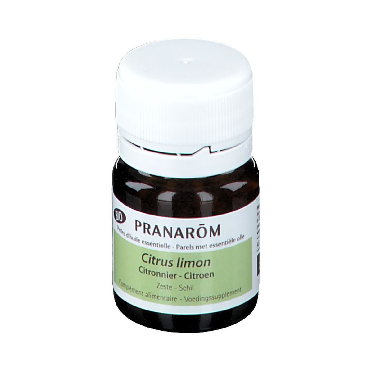 Flacon en verre brun avec bouchon blanc. Étiquette avec texte: PRANARÔM, Citrus limon, label BIO.