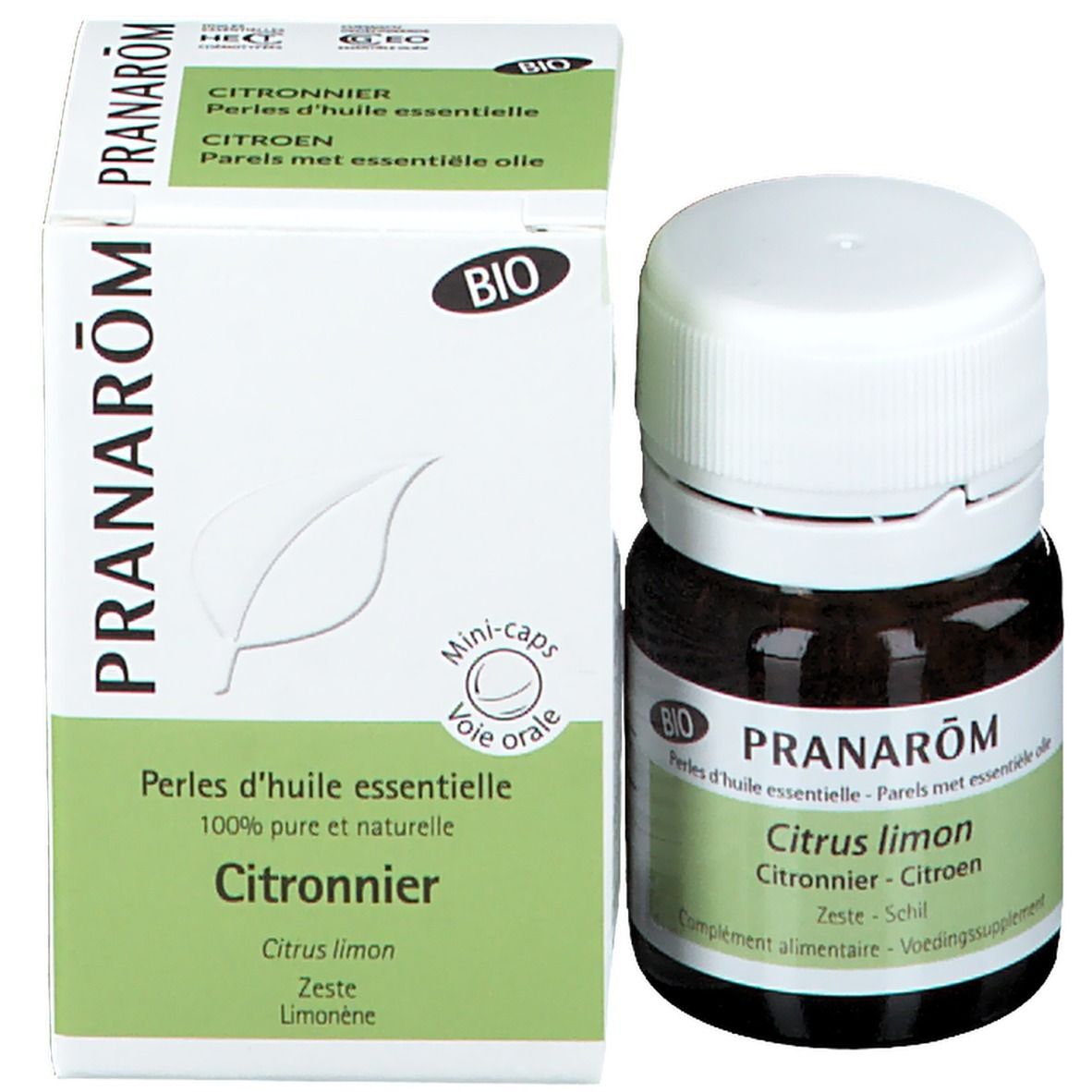 Flacon brun et boîte. Sur le flacon: PRANARÔM, Citrus limon, label BIO. Sur la boîte: PRANARÔM, BIO.