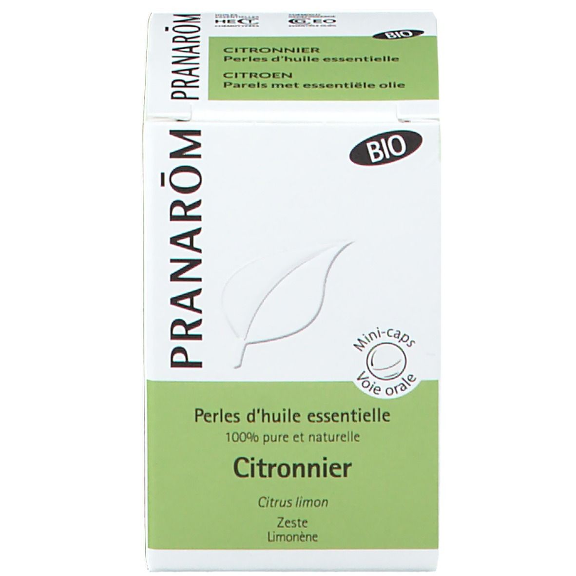 Boîte blanche avec texte: PRANARÔM, Citrus limon, label BIO.