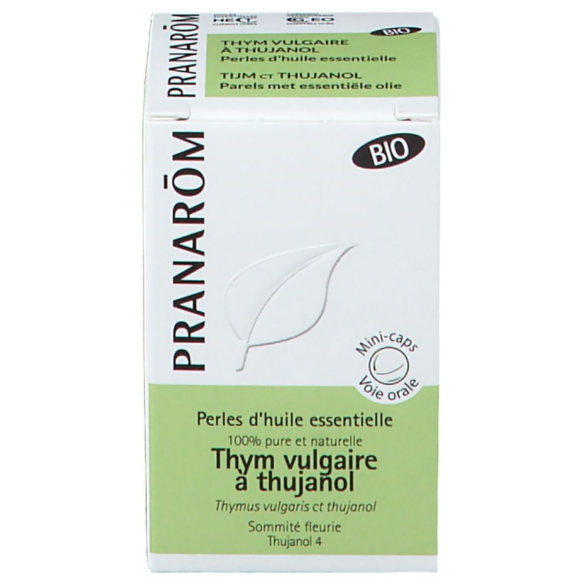 Witte verpakking met groene accenten. Productnaam, bio-keurmerk, tekst in meerdere talen. Mini-caps, orale toediening.