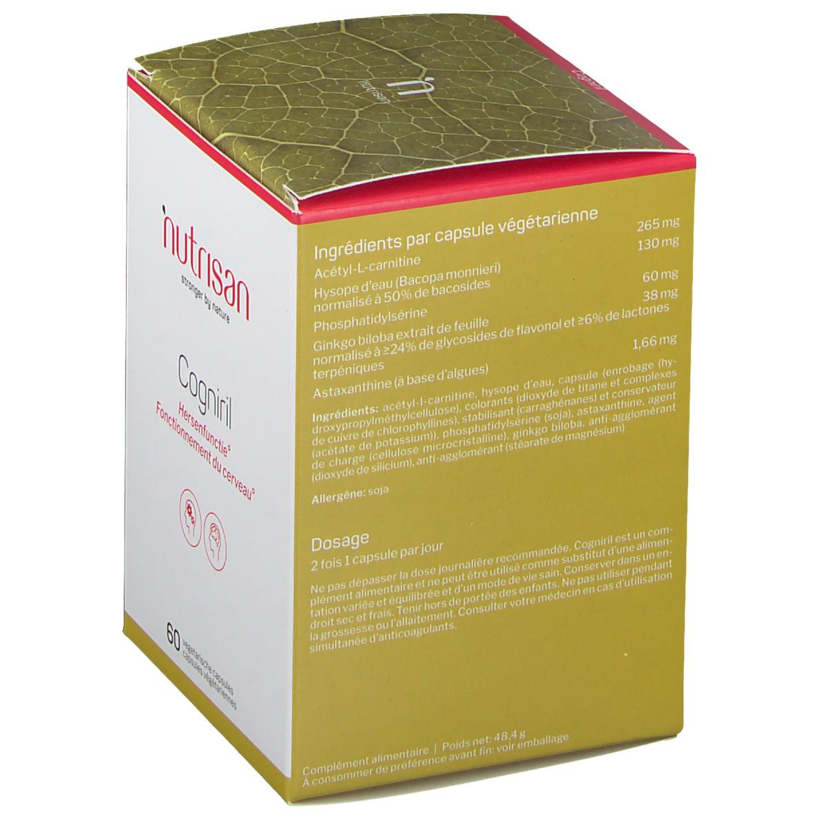 Boîte avec ingrédients de Nutrisan Cogniril. Fond jaune, texte blanc. Contient Acétyl-L-carnitine, Bacopa Monnieri, etc.