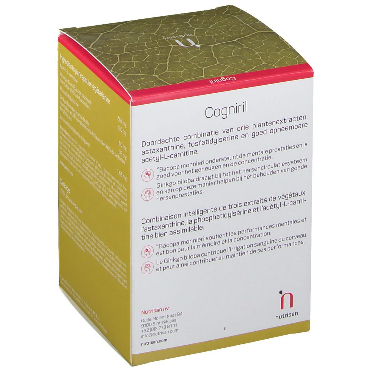 Boîte avec texte sur Nutrisan Cogniril. Fond jaune, texte blanc. Combine extraits de plantes, astaxanthine, etc.