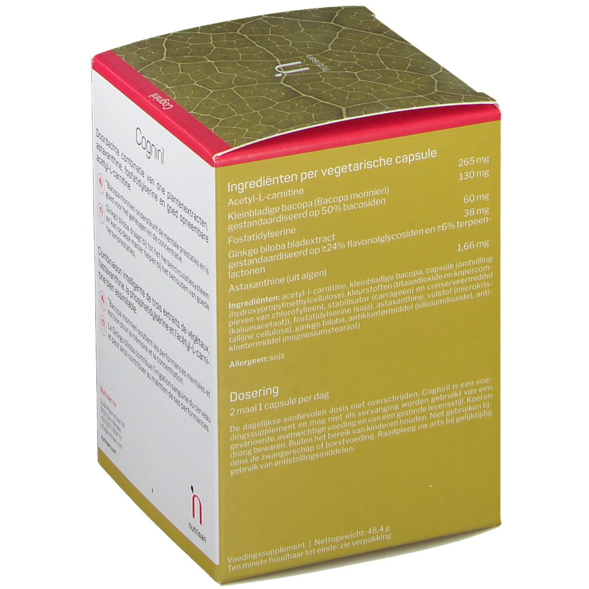 Boîte avec ingrédients de Nutrisan Cogniril. Fond jaune, texte blanc. Contient Acétyl-L-carnitine, Bacopa Monnieri, etc.