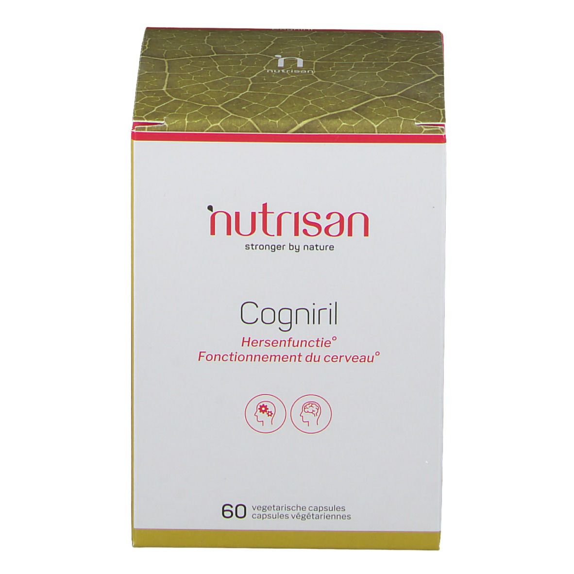 Boîte Nutrisan Cogniril. Blanche, rouge et jaune. 60 gélules végétales. Texte: Fonctionnement du cerveau.