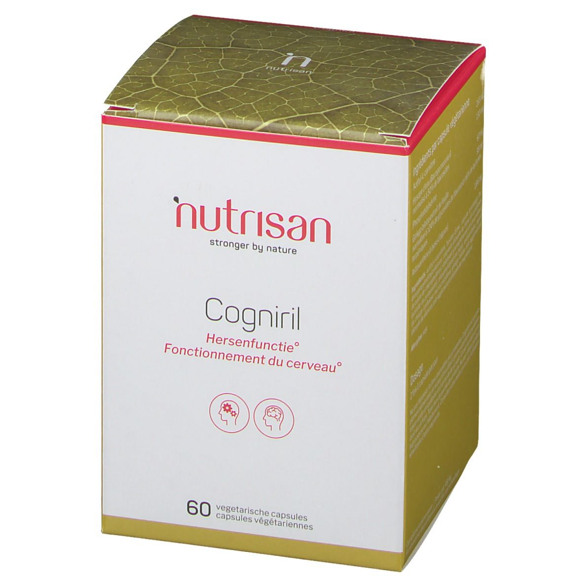 Boîte Nutrisan Cogniril. Blanche, rouge et jaune. 60 gélules végétales. Texte: Fonctionnement du cerveau.
