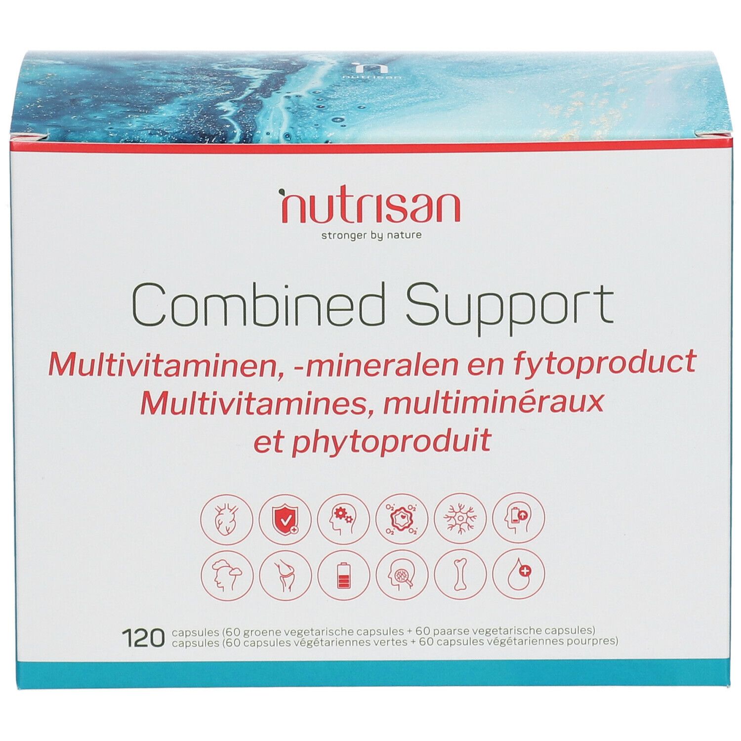 Boîte "Nutrisan Combined Support". Contient 120 gélules. Inscription : Multivitamines, multiminéraux et phytoproduit.