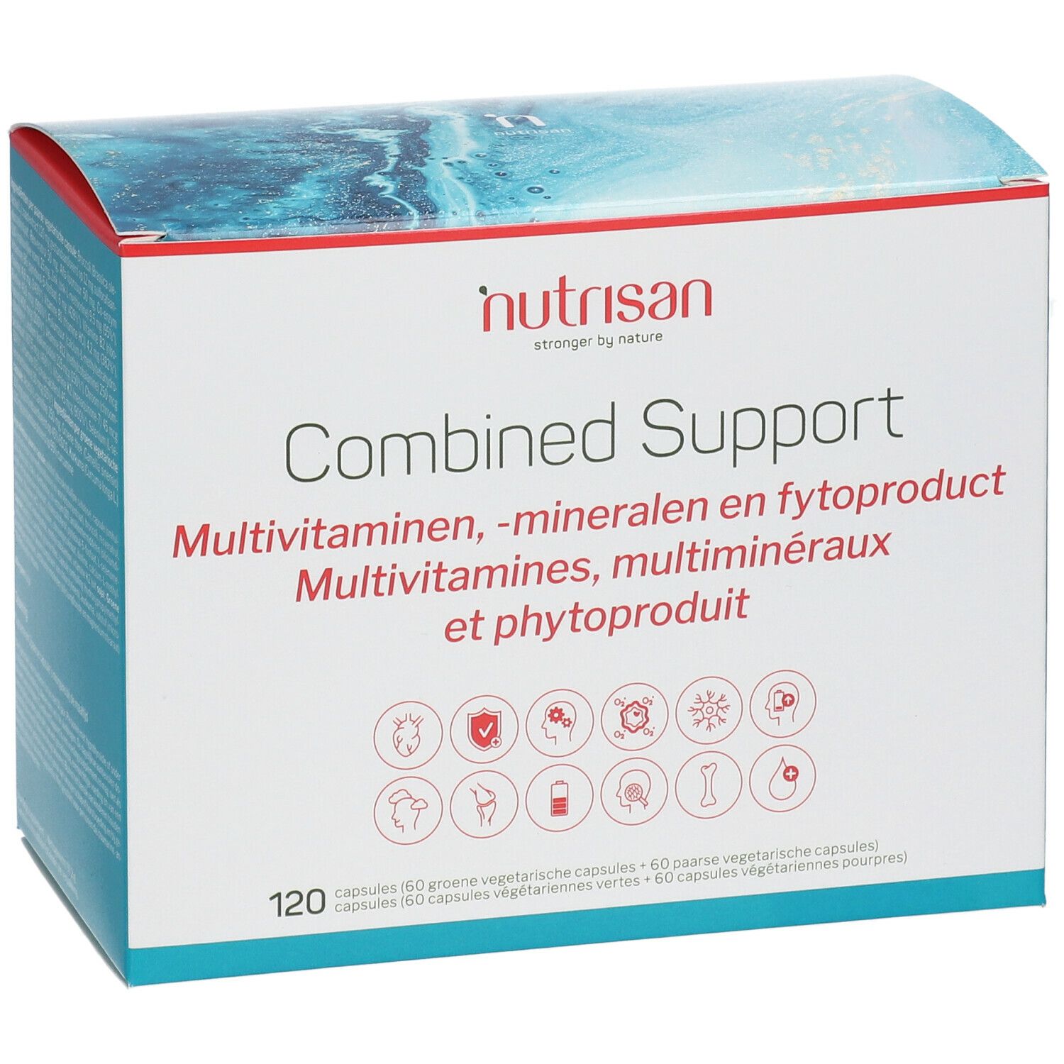 Boîte "Nutrisan Combined Support". Contient 120 gélules. Inscription : Multivitamines, multiminéraux et phytoproduit.