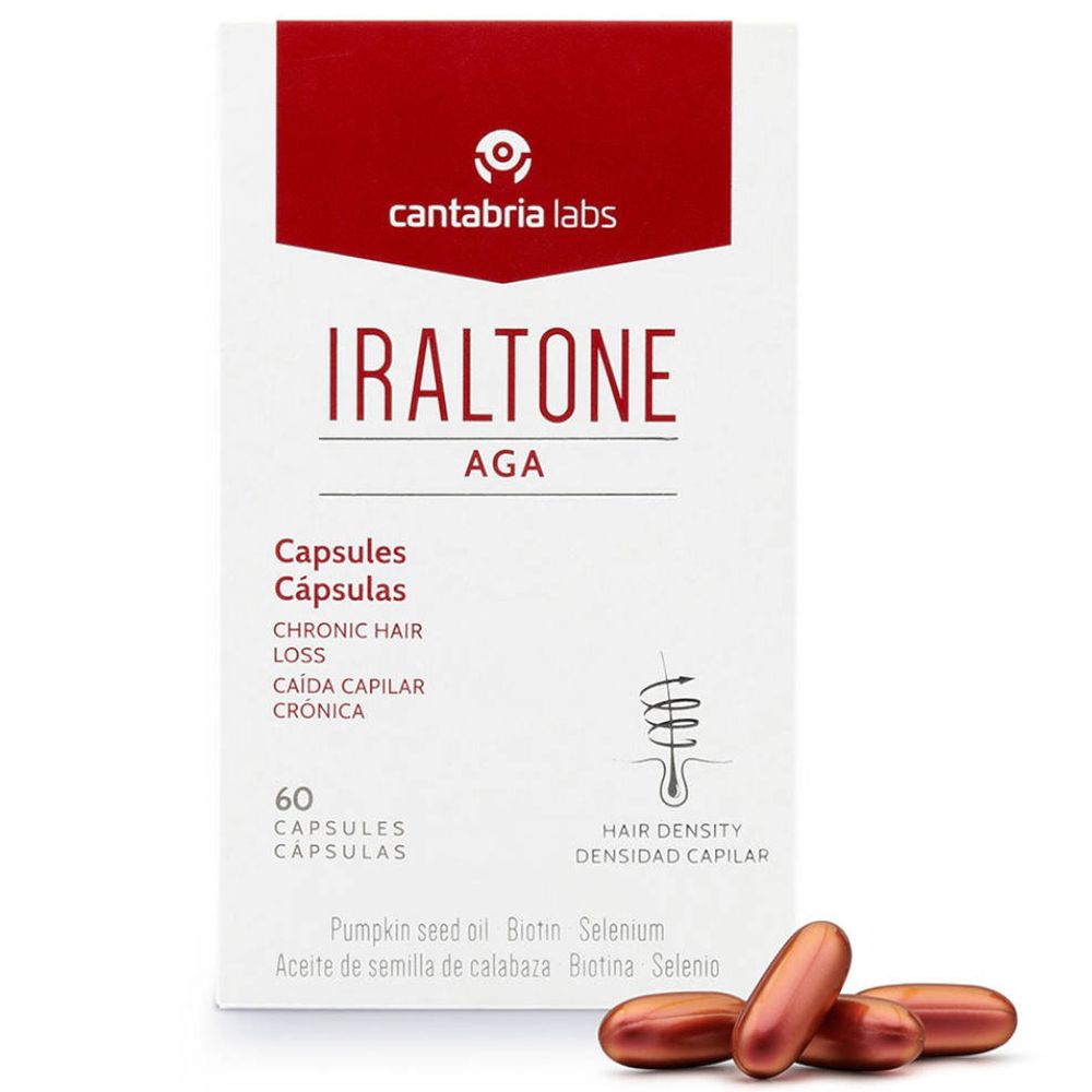 Boîte de gélules Iraltone AGA et gélules marron. Logo et informations.