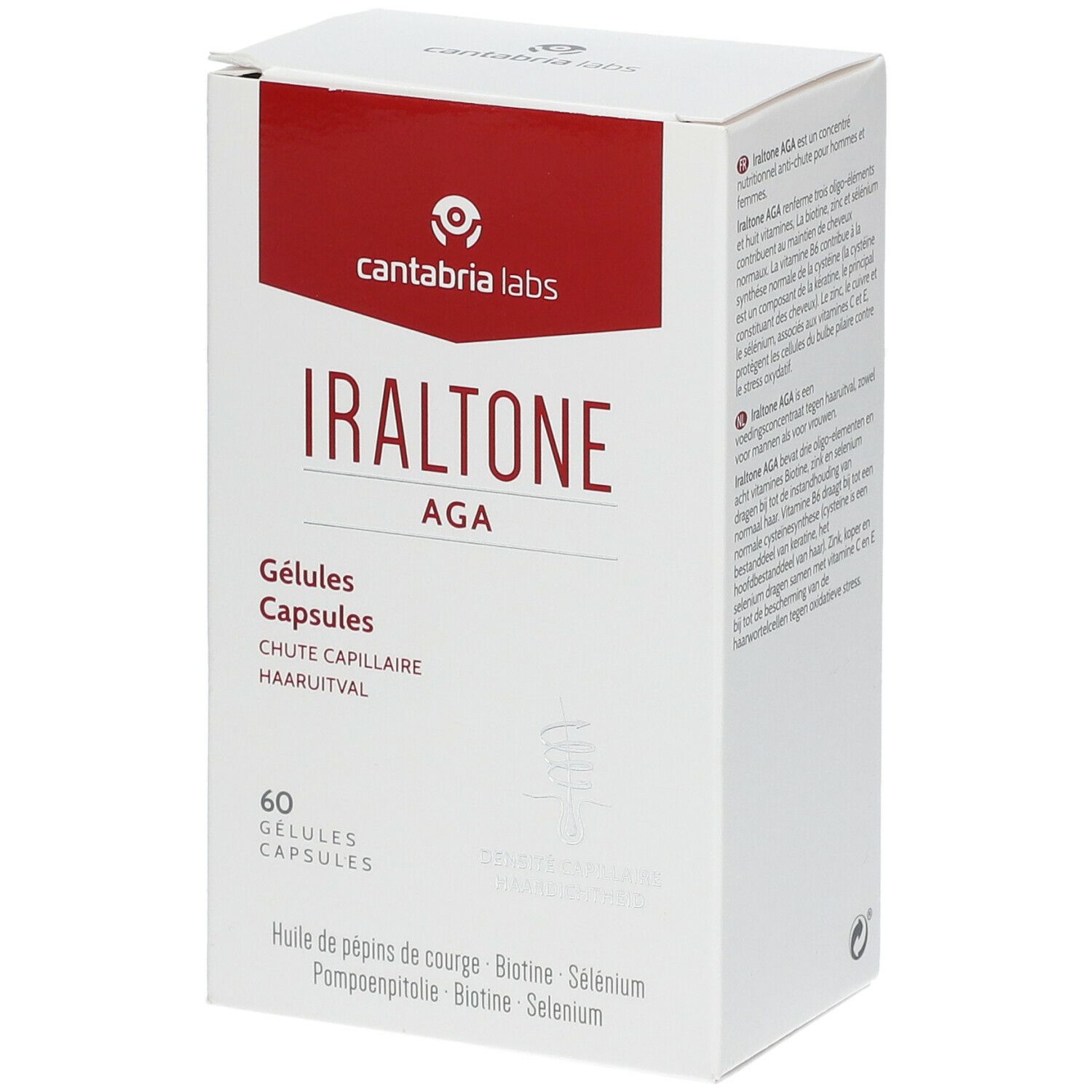 Boîte blanche Iraltone AGA. 60 gélules. Texte en plusieurs langues.