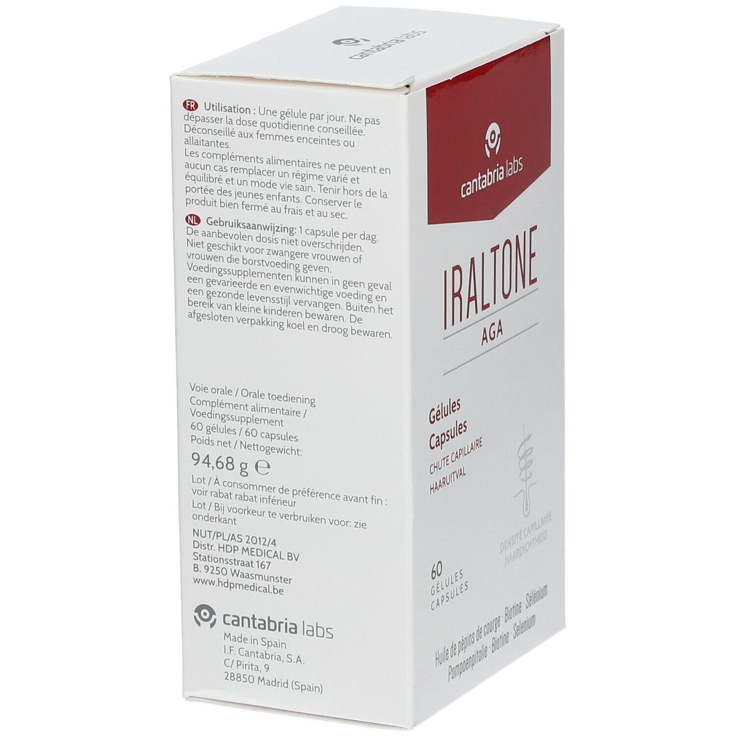 Boîte blanche Iraltone AGA. 60 gélules. Texte en plusieurs langues.